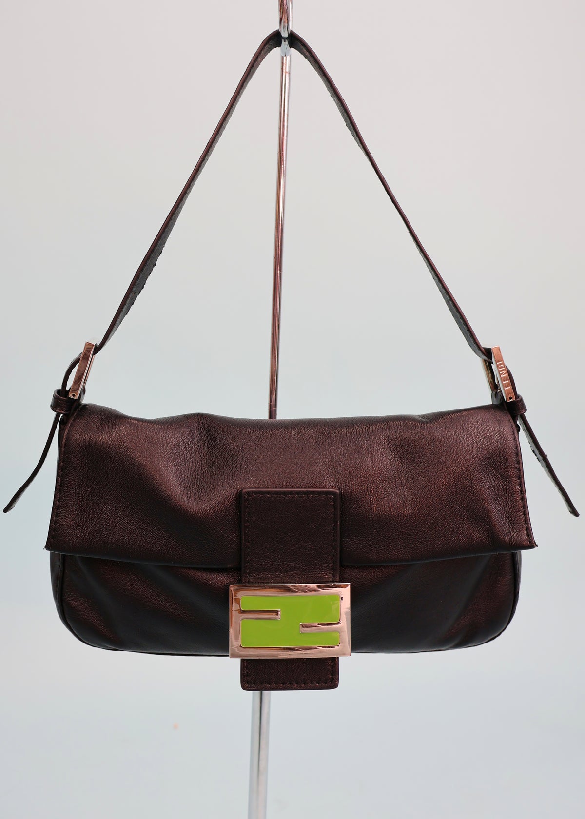 Fendi Black Leather Green Zucca Baguette Bag