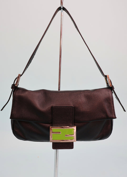 Fendi Black Leather Green Zucca Baguette Bag