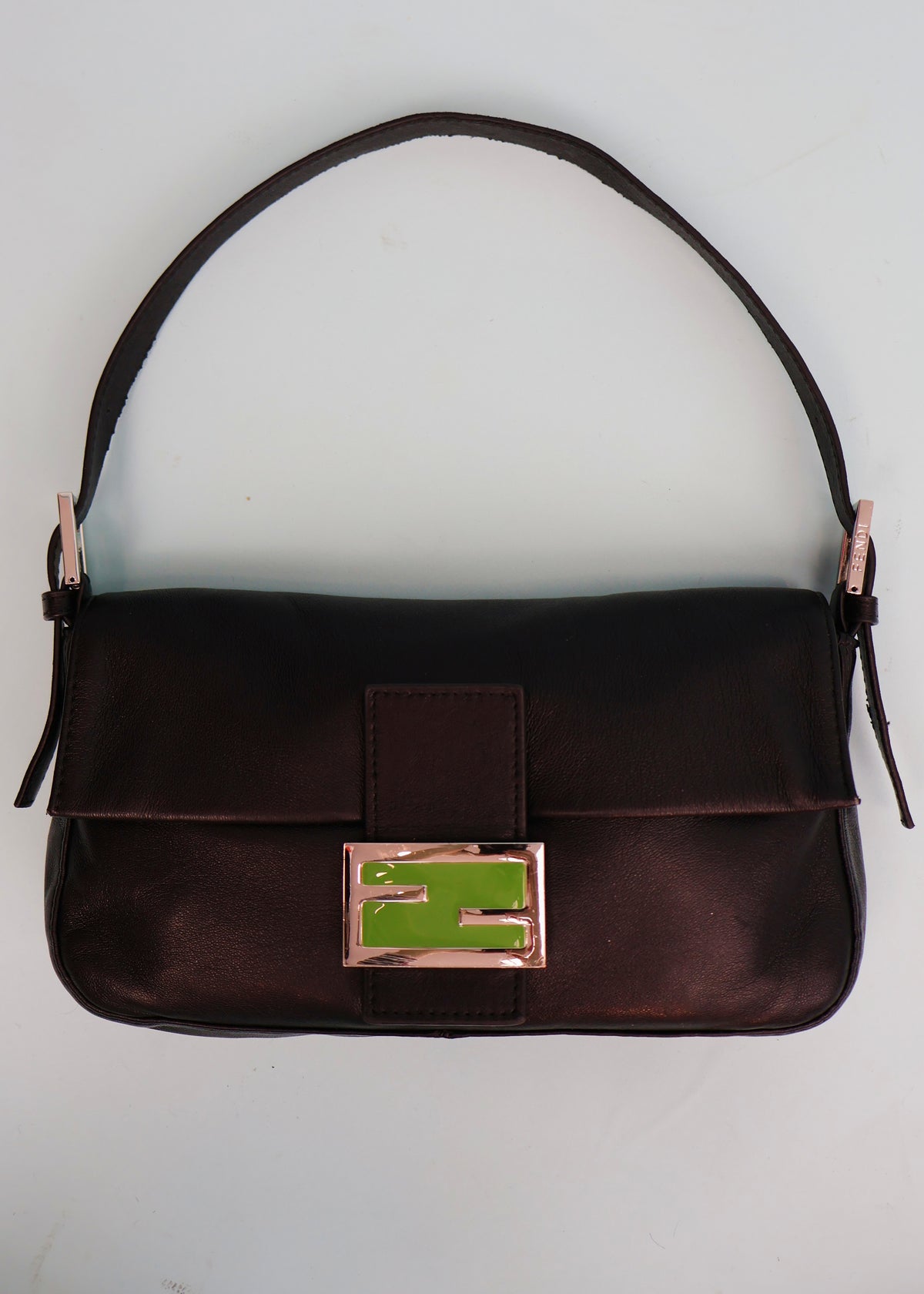 Fendi Black Leather Green Zucca Baguette Bag