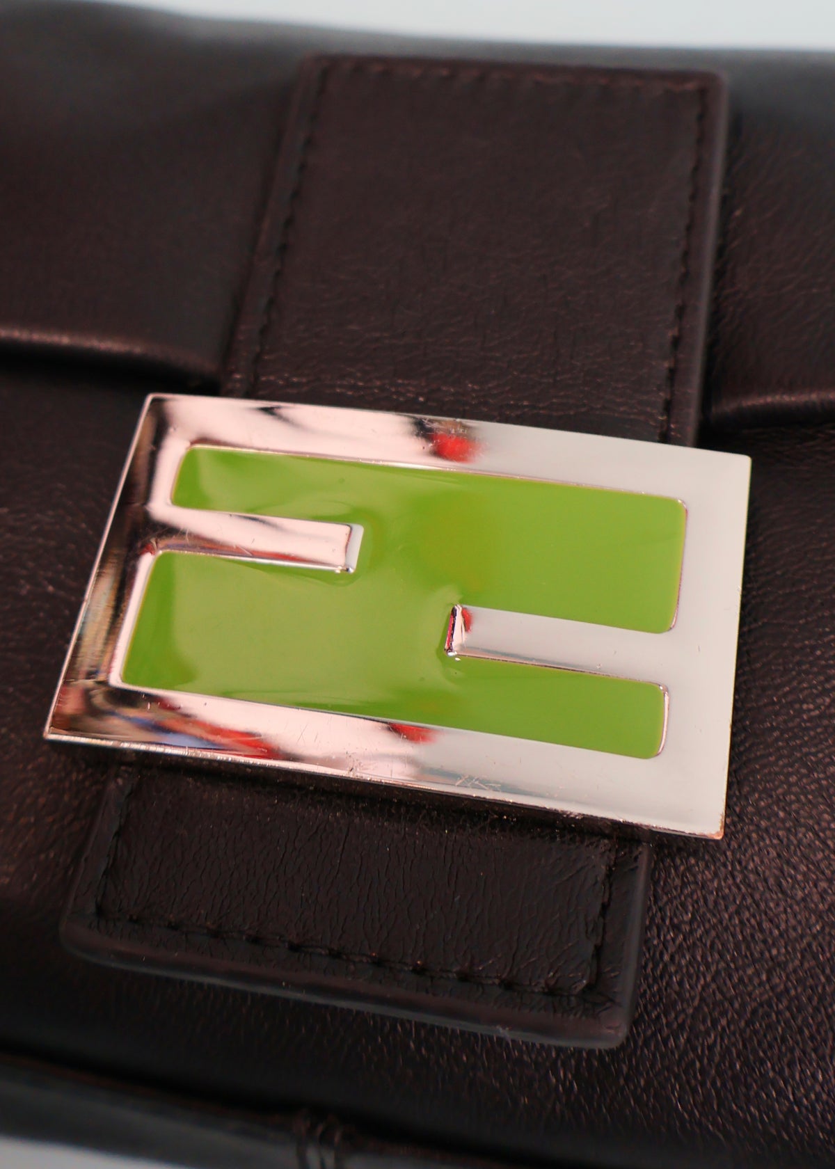 Fendi Black Leather Green Zucca Baguette Bag