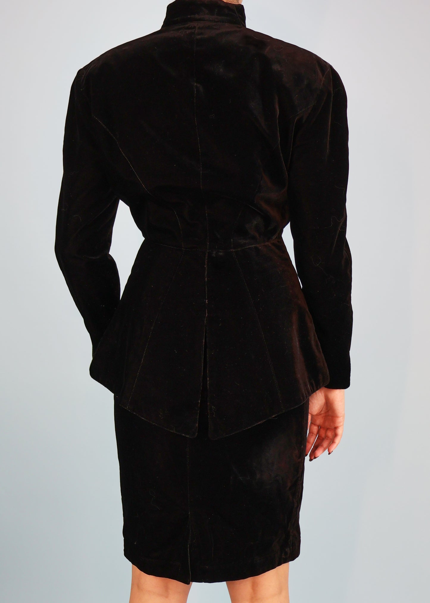 Thierry Mugler 1990s Black Velvet Chain Jacket & Skirt Suit Set