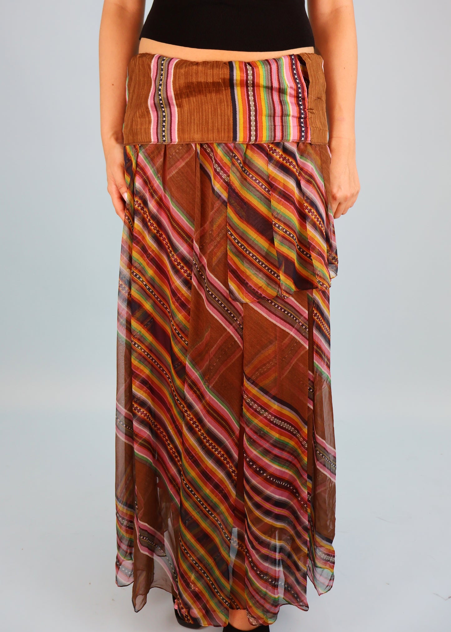 Dior Spring 2002 Runway Brown Multi Colour Stripe Silk Chiffon Maxi Skirt