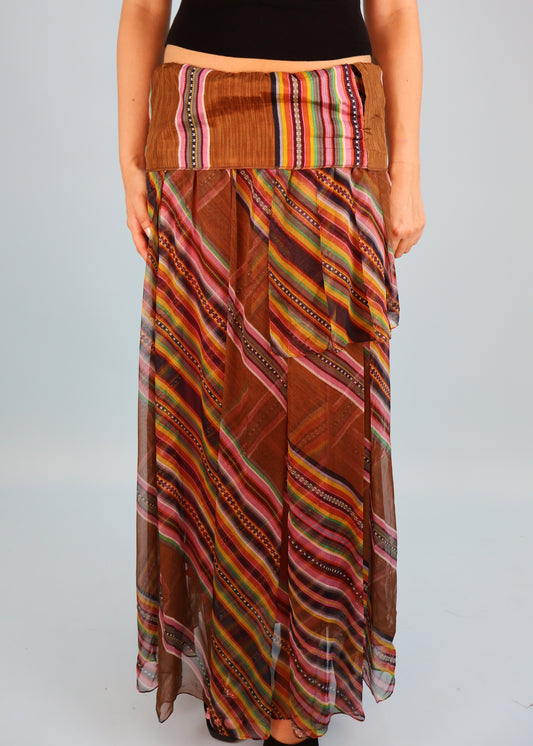 Dior Spring 2002 Runway Brown Multi Colour Stripe Silk Chiffon Maxi Skirt