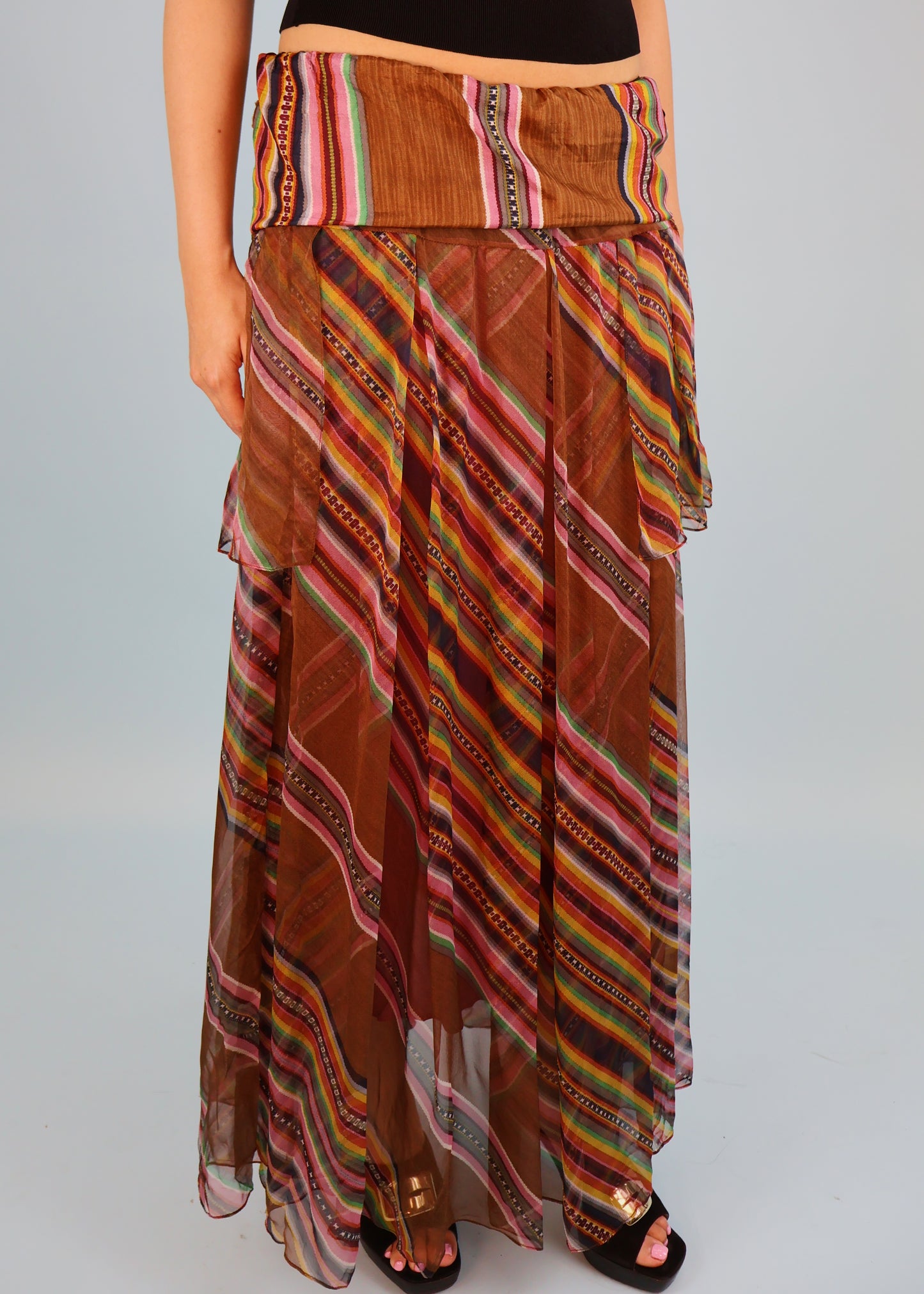 Dior Spring 2002 Runway Brown Multi Colour Stripe Silk Chiffon Maxi Skirt