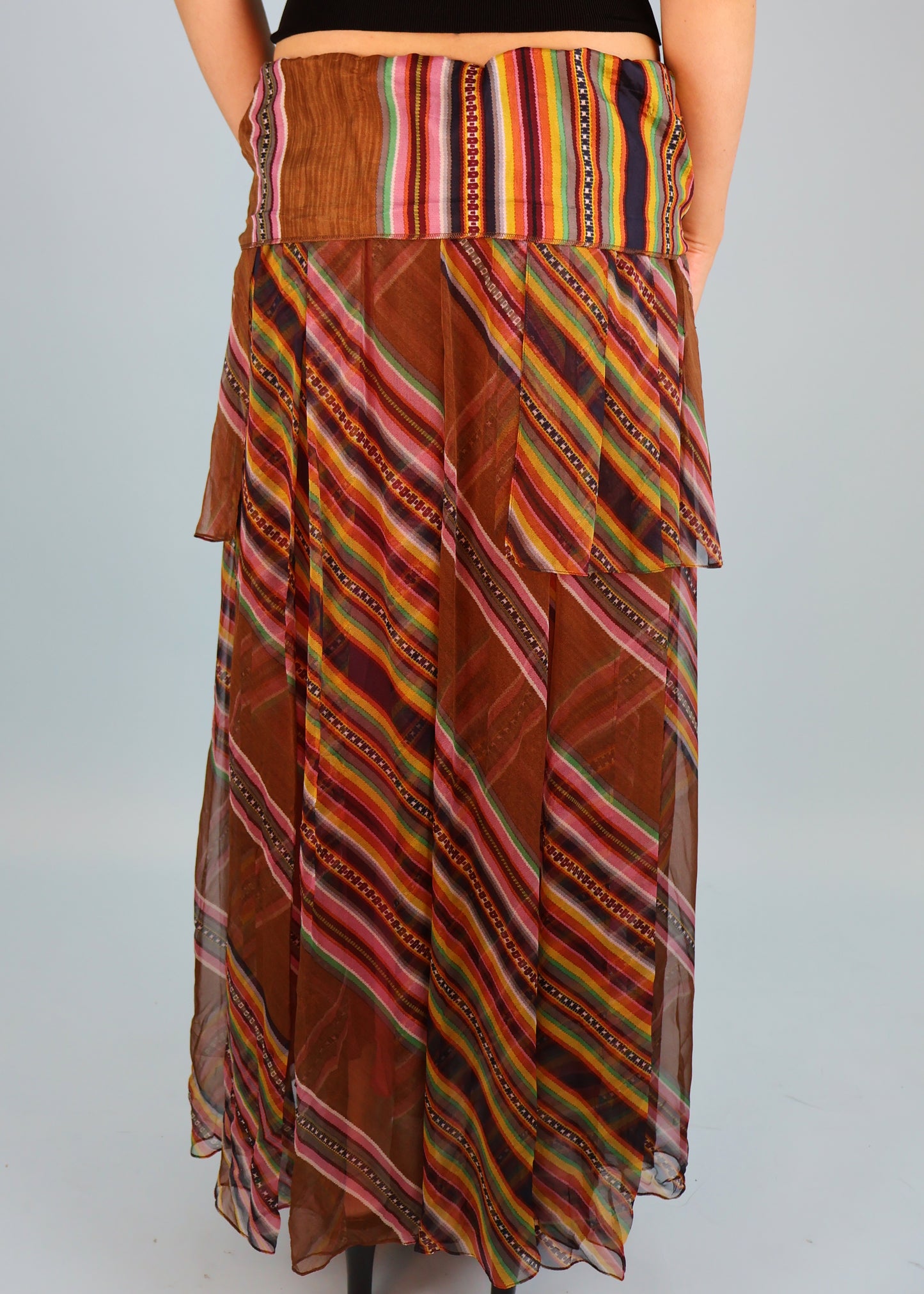 Dior Spring 2002 Runway Brown Multi Colour Stripe Silk Chiffon Maxi Skirt
