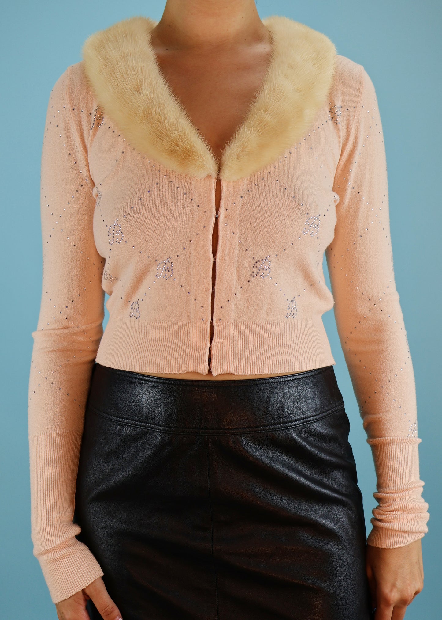 Blumarine Spring 2005 Runway Pink Rhinestone & Fur Collar Cardigan