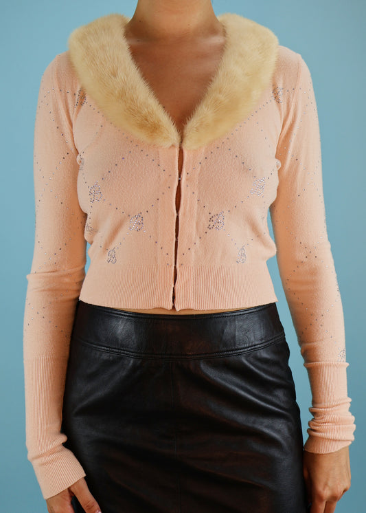 Blumarine Spring 2005 Runway Pink Rhinestone & Fur Collar Cardigan