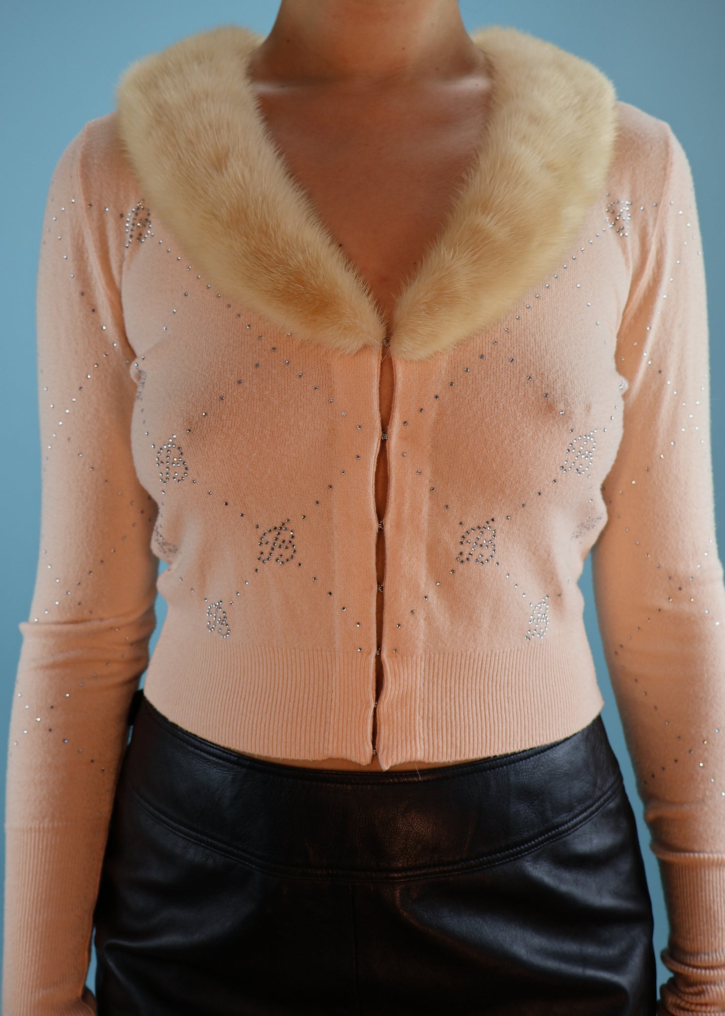 Blumarine Spring 2005 Runway Pink Rhinestone & Fur Collar Cardigan