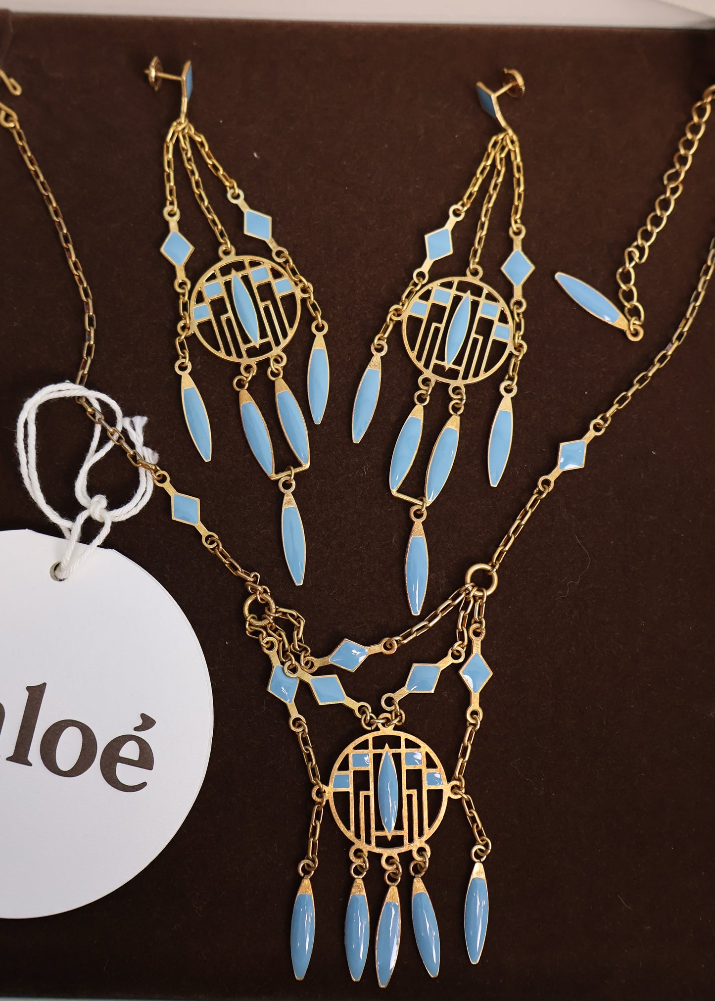 Chloé Spring 2005 Blue Enamel Drop Pendant Necklace & Earrings Set