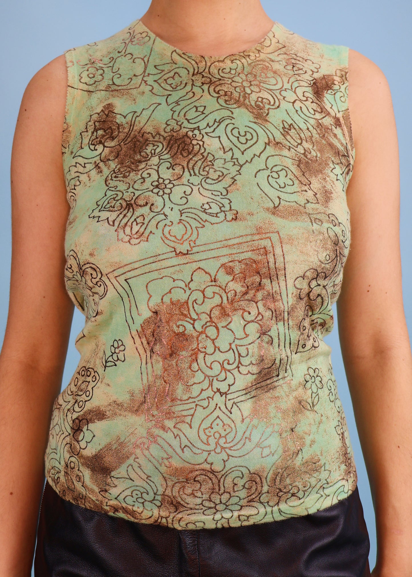 John Galliano Fall 2003 Mint Green & Gold Pattern Cashmere Knit Tank Top & Cardigan Twin Set