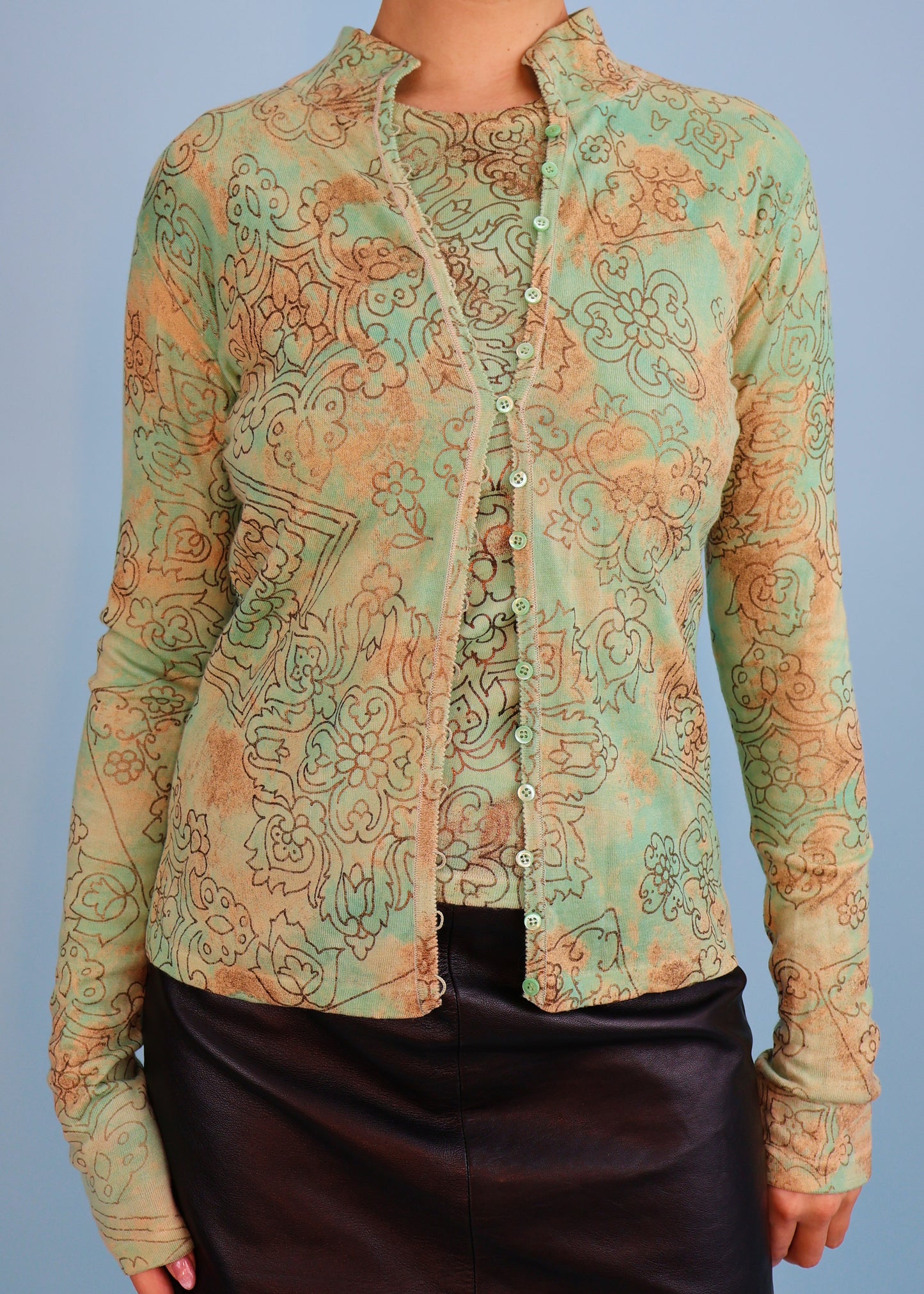 John Galliano Fall 2003 Mint Green & Gold Pattern Cashmere Knit Tank Top & Cardigan Twin Set