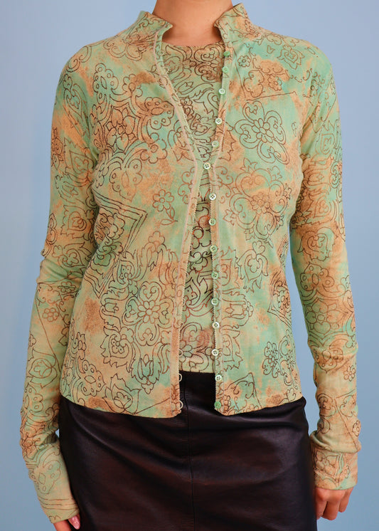 John Galliano Fall 2003 Mint Green & Gold Pattern Cashmere Knit Tank Top & Cardigan Twin Set