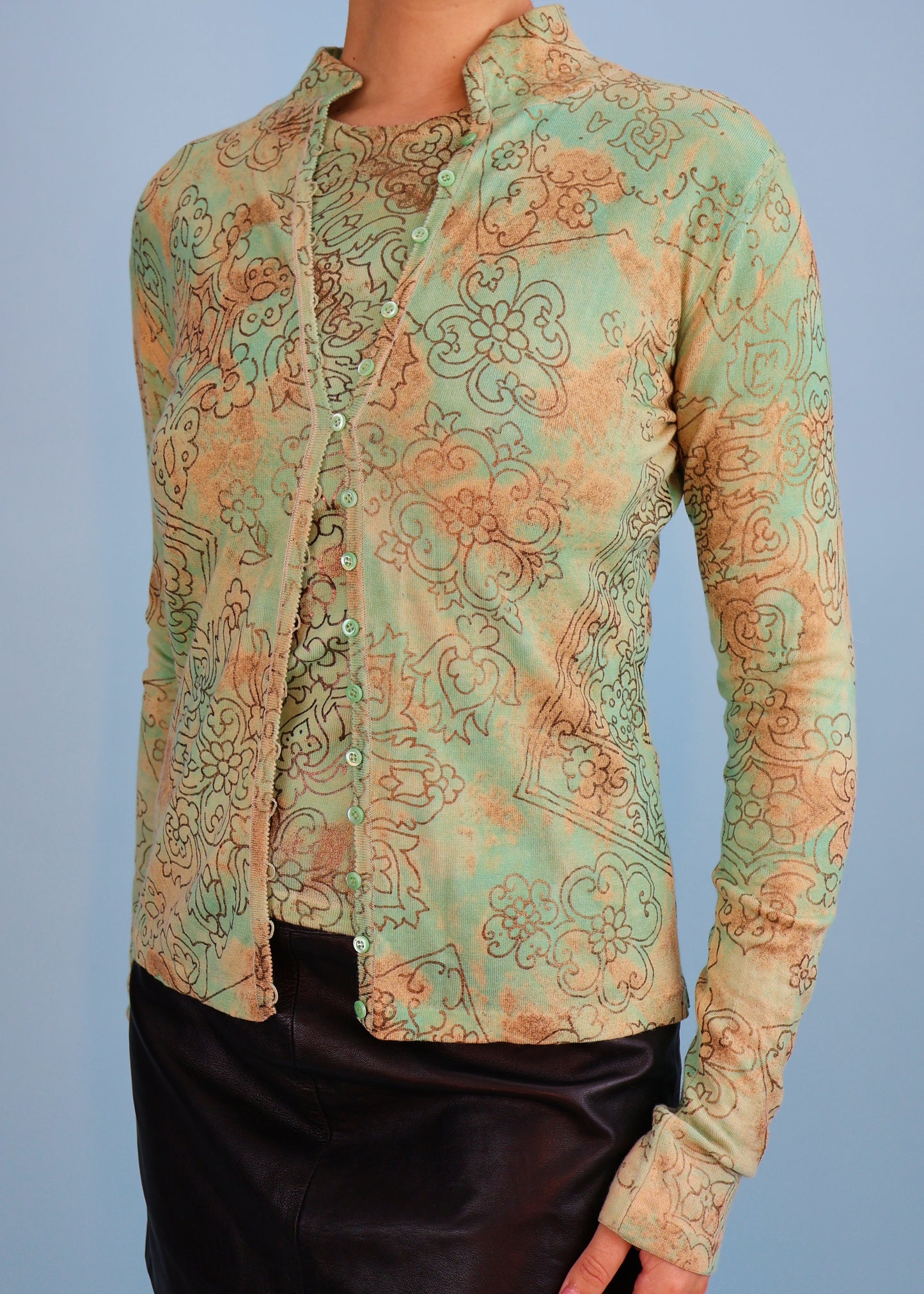 John Galliano Fall 2003 Mint Green & Gold Pattern Cashmere Knit Tank Top & Cardigan Twin Set