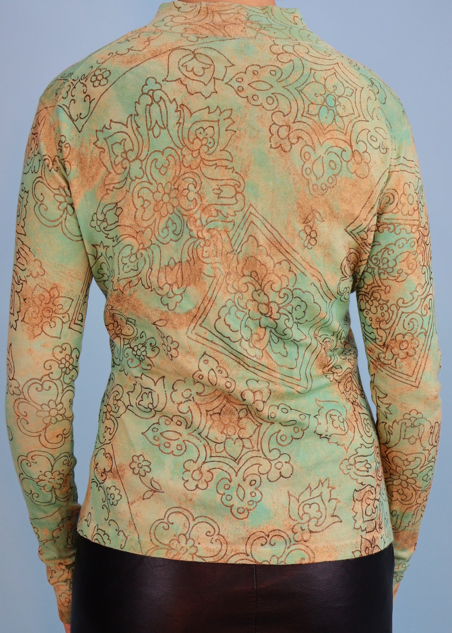 John Galliano Fall 2003 Mint Green & Gold Pattern Cashmere Knit Tank Top & Cardigan Twin Set