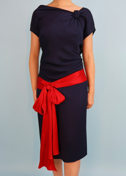 Alexander McQueen Fall 2007 Navy & Red Sash Silk Dress