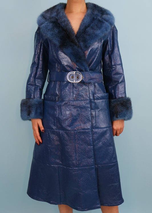Dior 1970s Blue Vinyl Leather & Mink Fur Belted Coat
