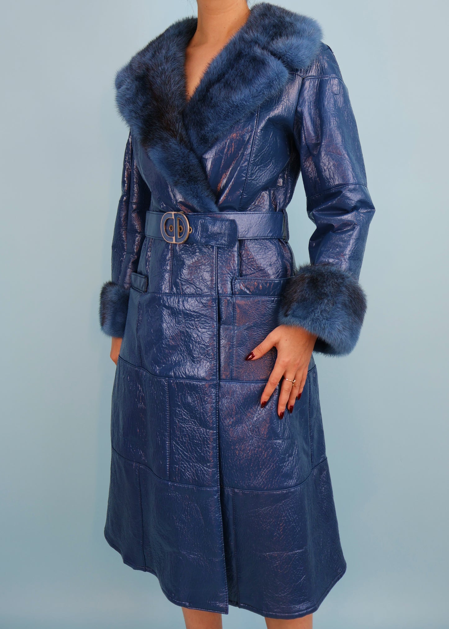 Dior 1970s Blue Vinyl Leather & Mink Fur Belted Coat