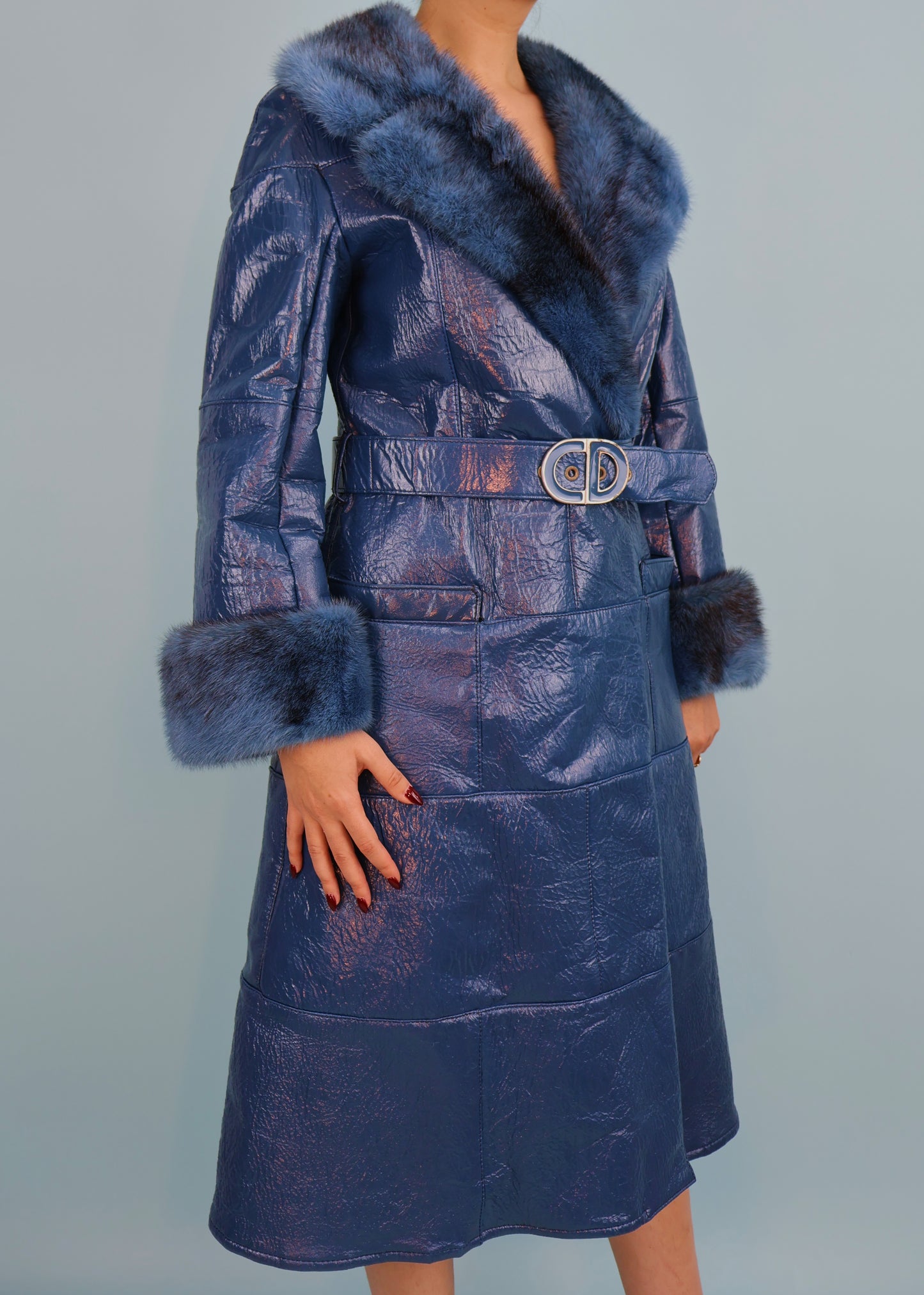 Dior 1970s Blue Vinyl Leather & Mink Fur Belted Coat