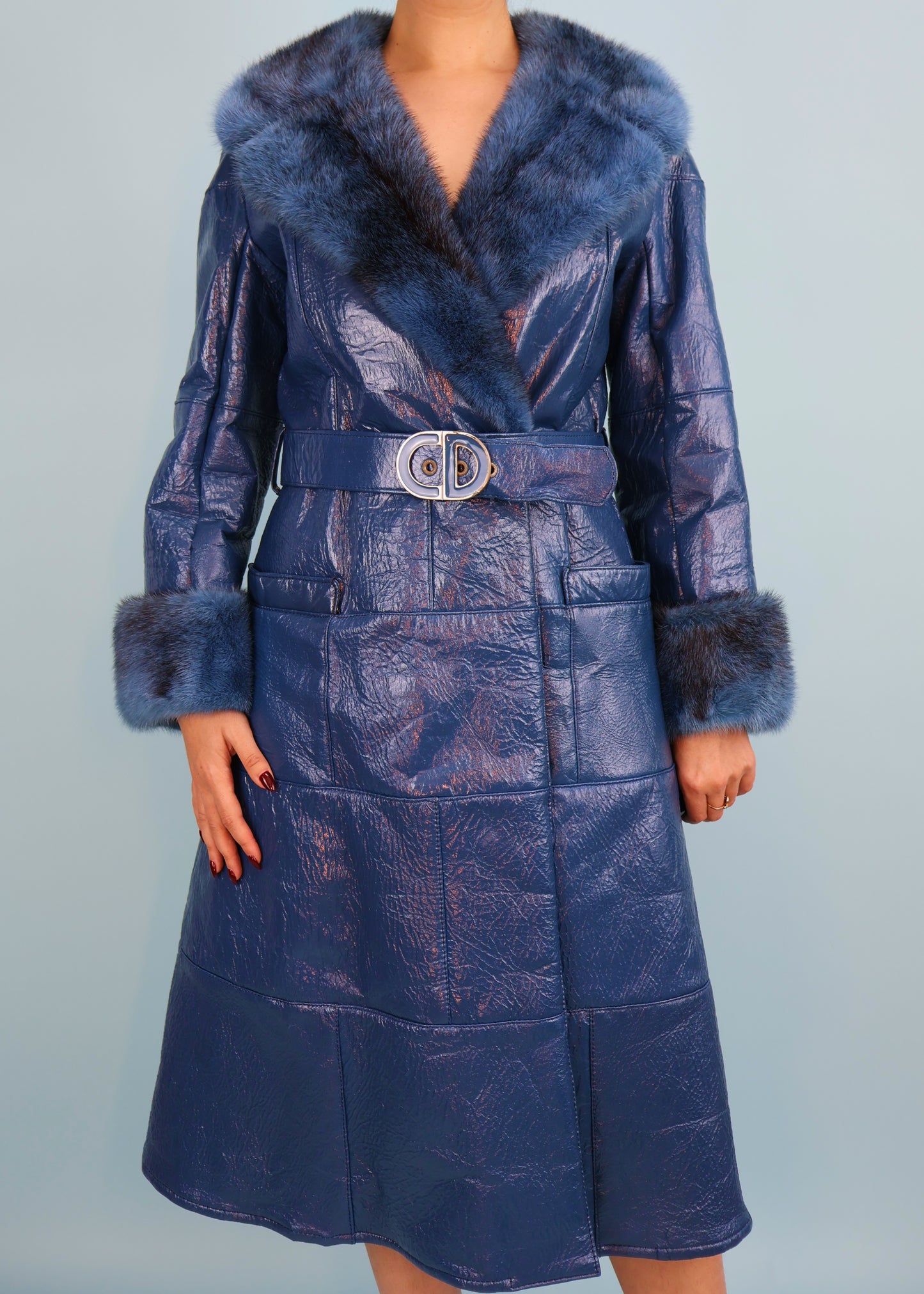 Dior 1970s Blue Vinyl Leather & Mink Fur Belted Coat