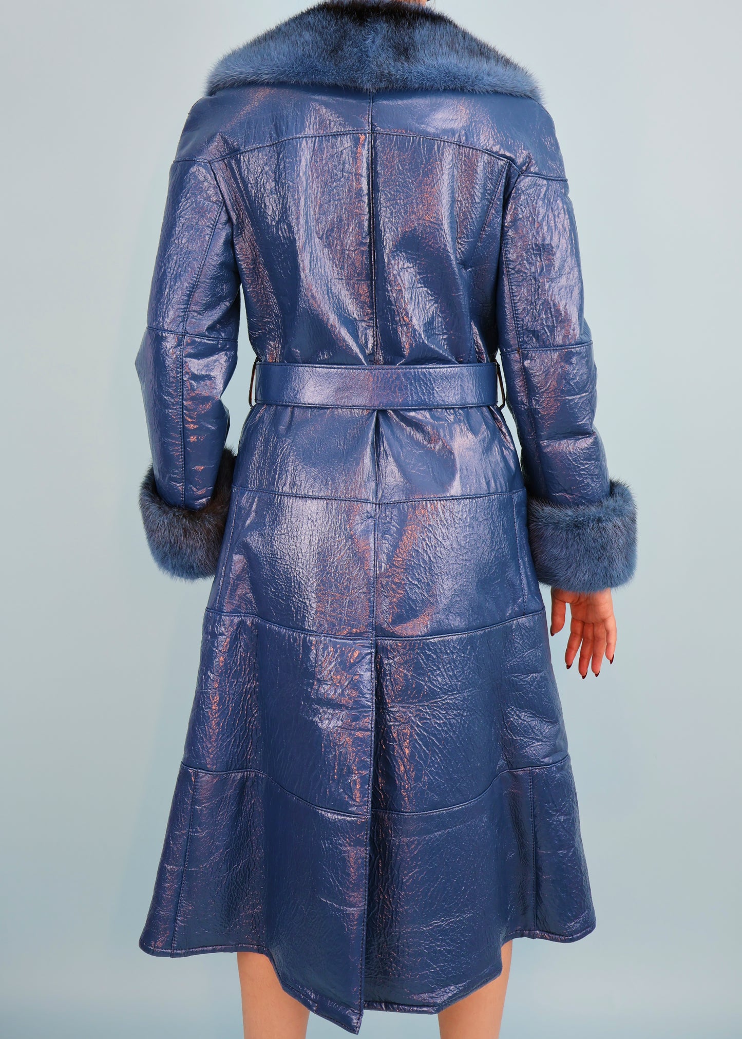 Dior 1970s Blue Vinyl Leather & Mink Fur Belted Coat