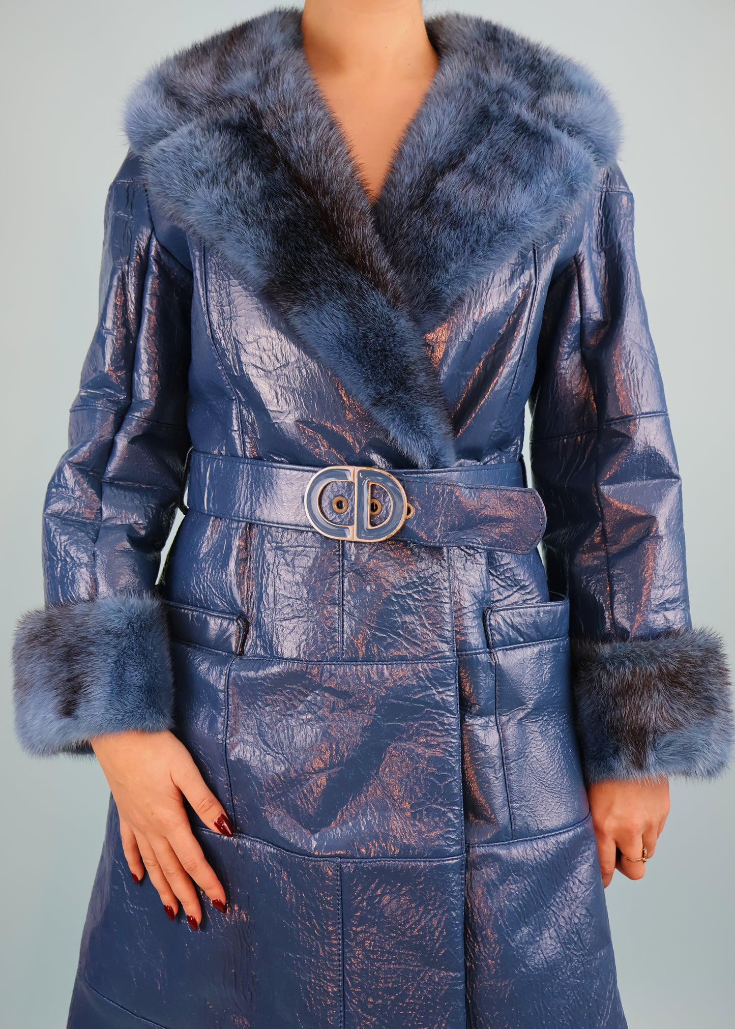 Dior 1970s Blue Vinyl Leather & Mink Fur Belted Coat