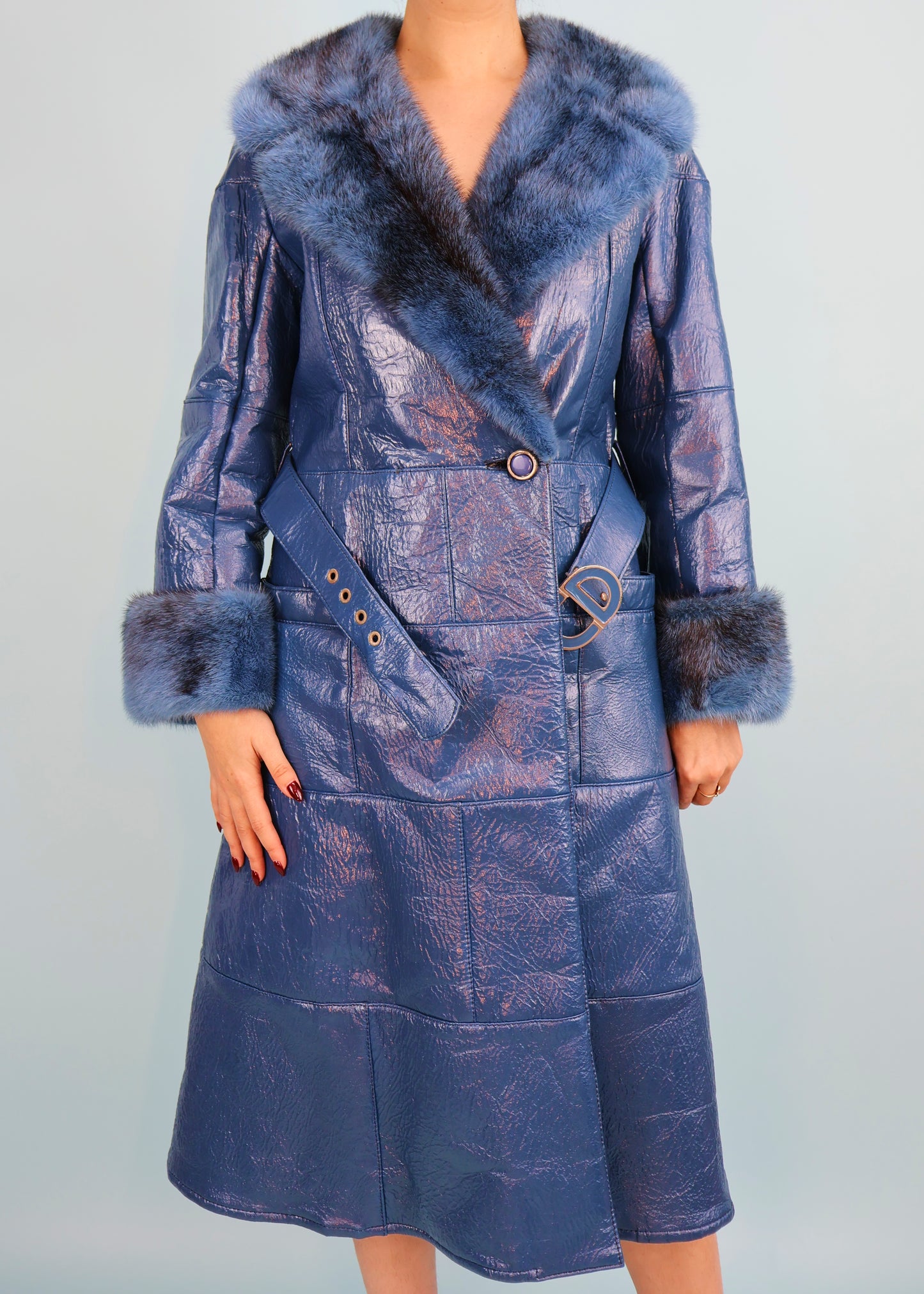 Dior 1970s Blue Vinyl Leather & Mink Fur Belted Coat