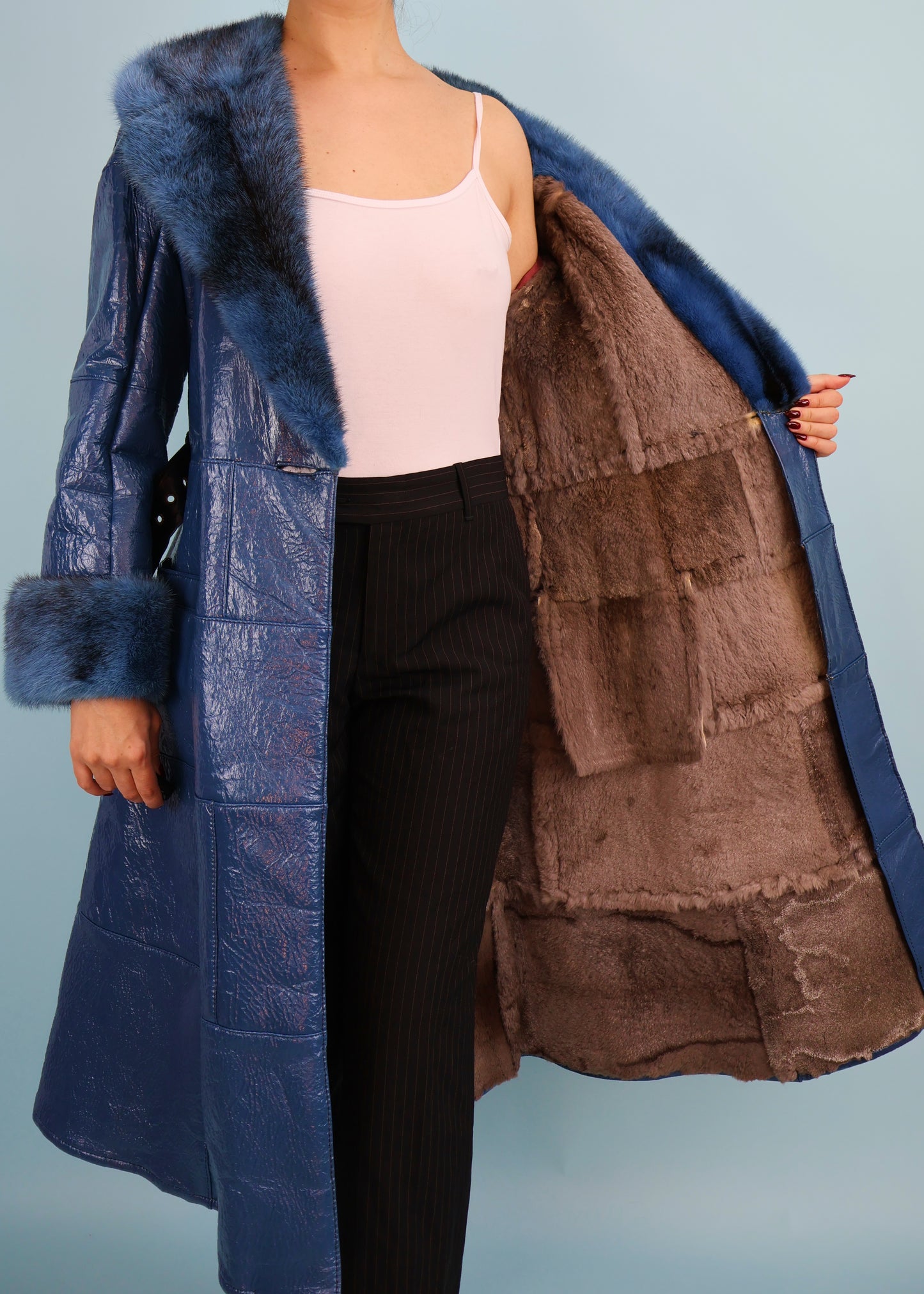 Dior 1970s Blue Vinyl Leather & Mink Fur Belted Coat