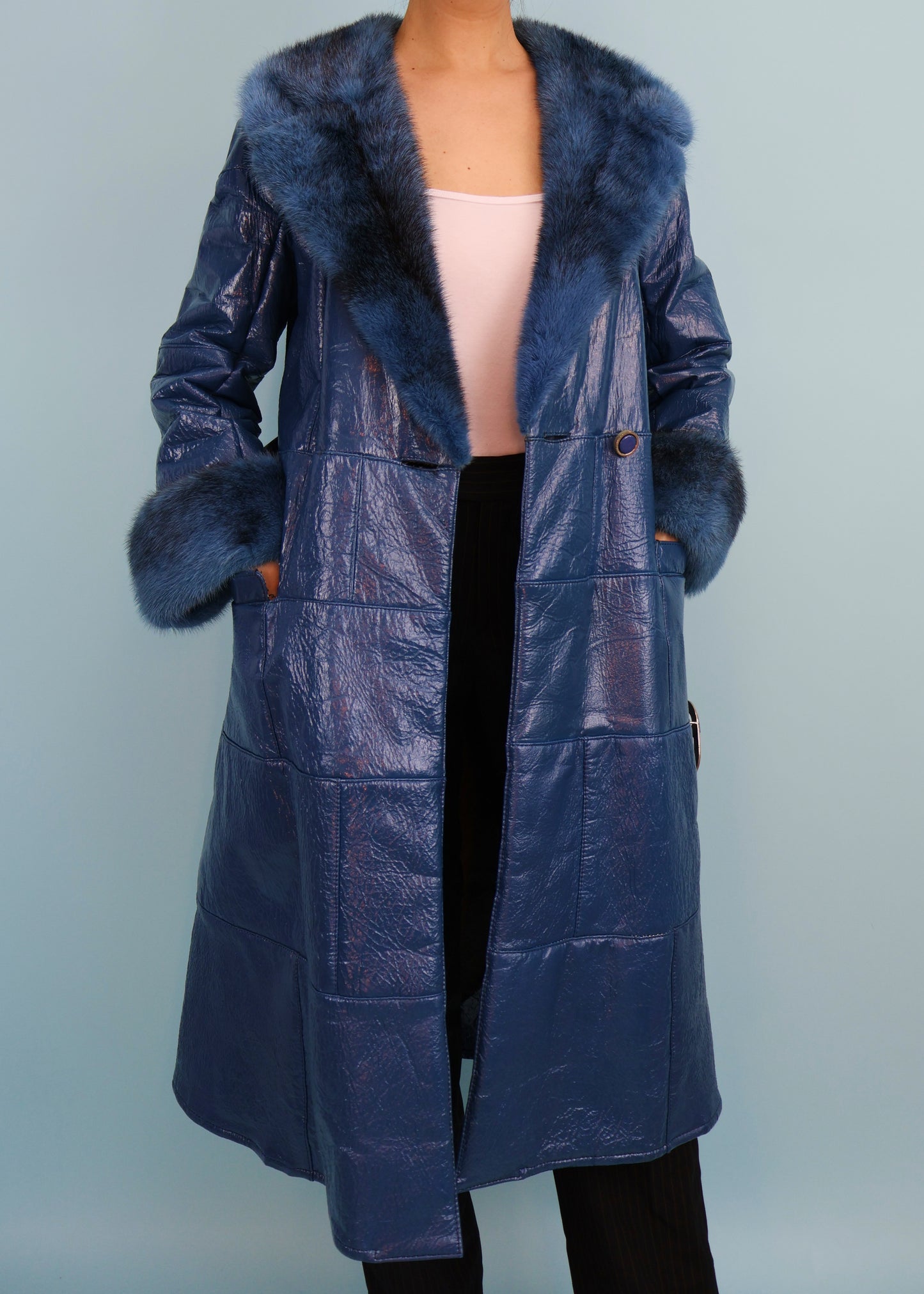 Dior 1970s Blue Vinyl Leather & Mink Fur Belted Coat