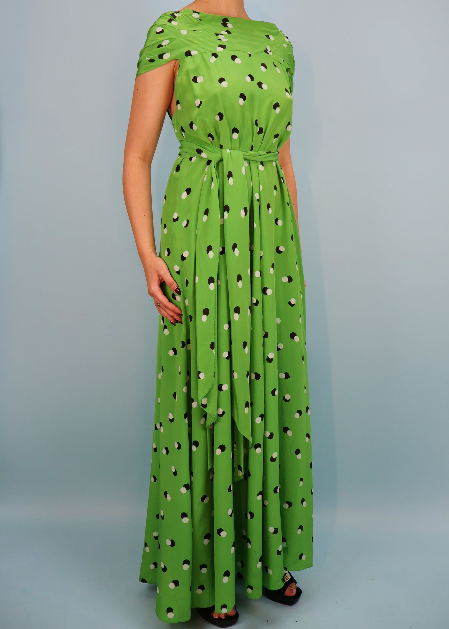Valentino 1970s Green Polkadot Silk Open Back Dress