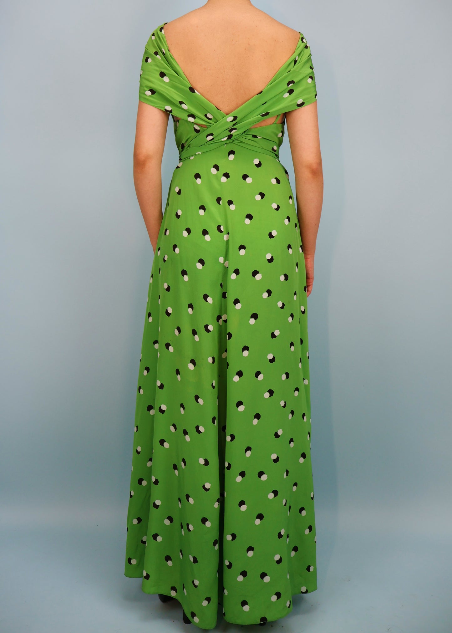 Valentino 1970s Green Polkadot Silk Open Back Dress