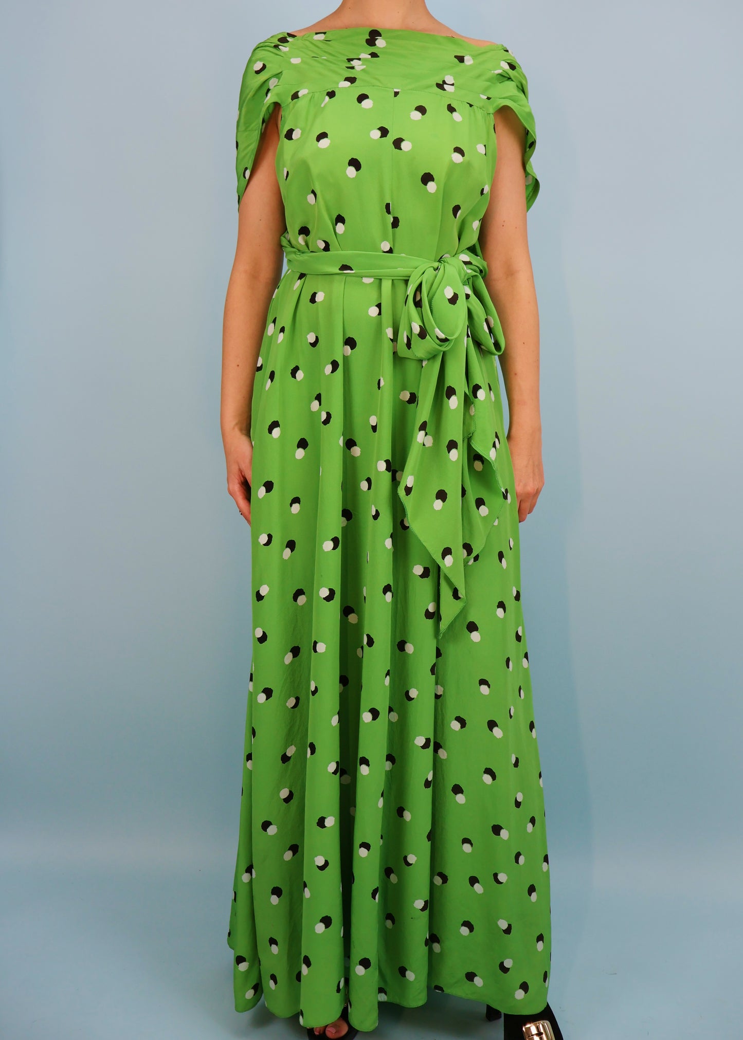 Valentino 1970s Green Polkadot Silk Open Back Dress