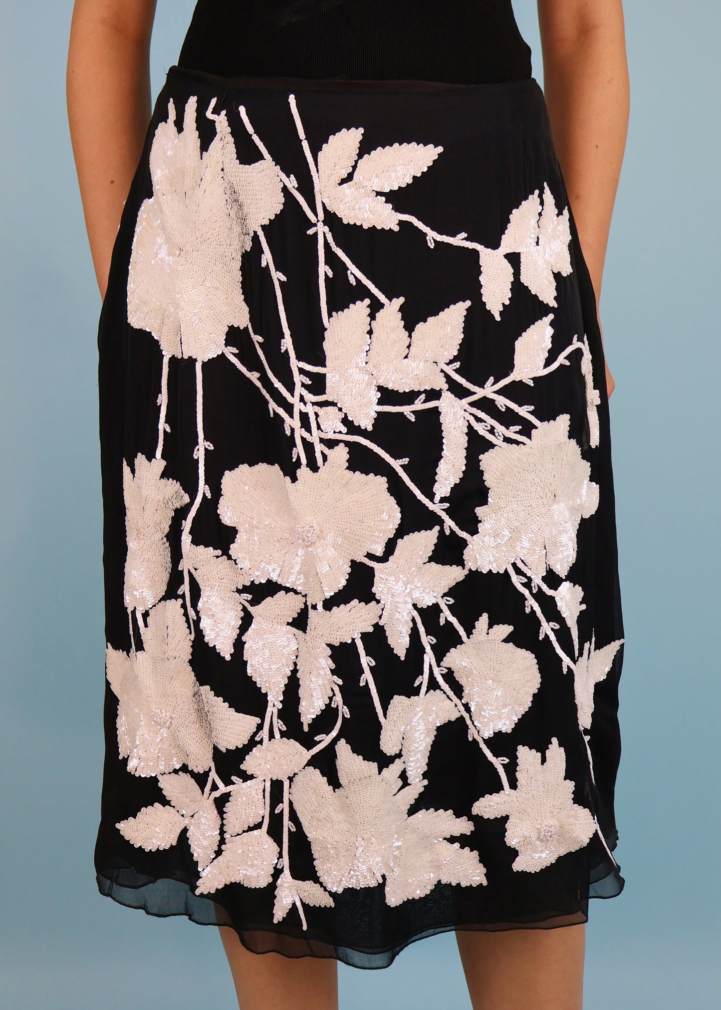 Valentino Spring 2001 Runway Black Silk & White Floral Sequin Embellished Skirt