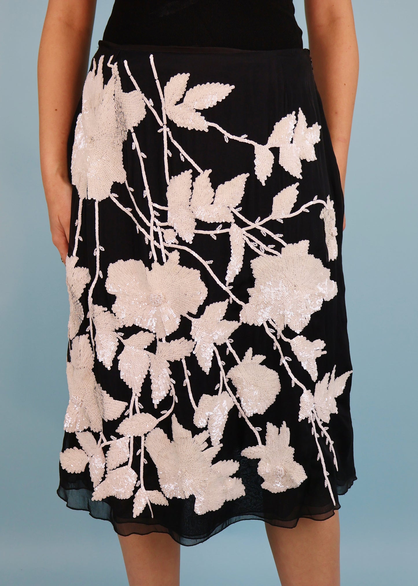 Valentino Spring 2001 Runway Black Silk & White Floral Sequin Embellished Skirt