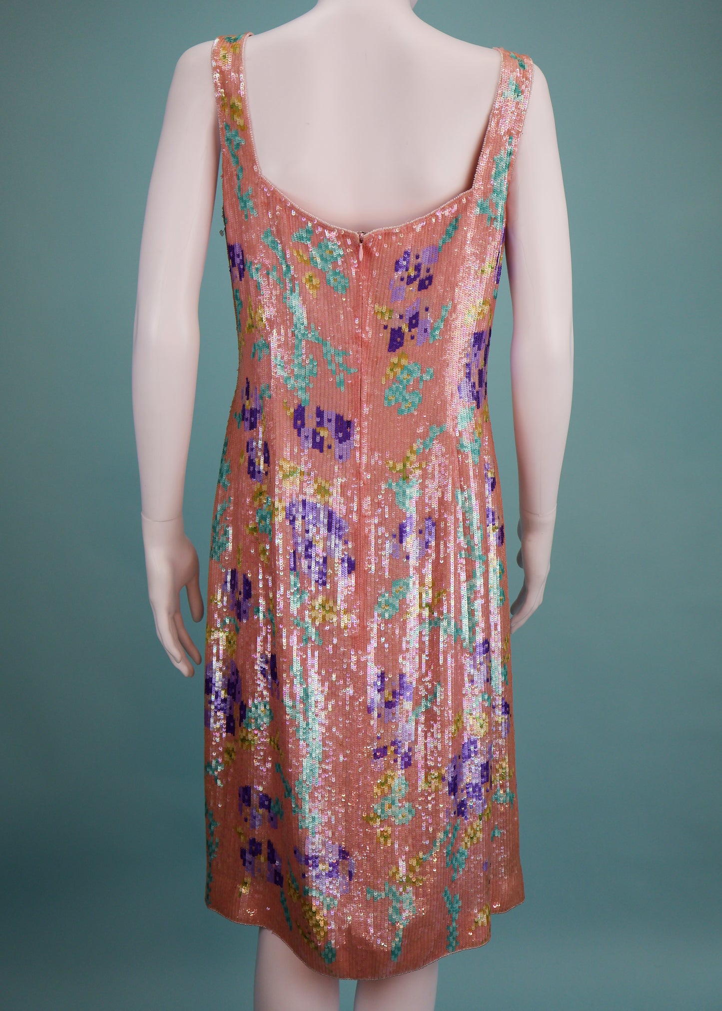 Escada Spring 2001 Runway Floral Sequin & Bead Embellished Silk Dress