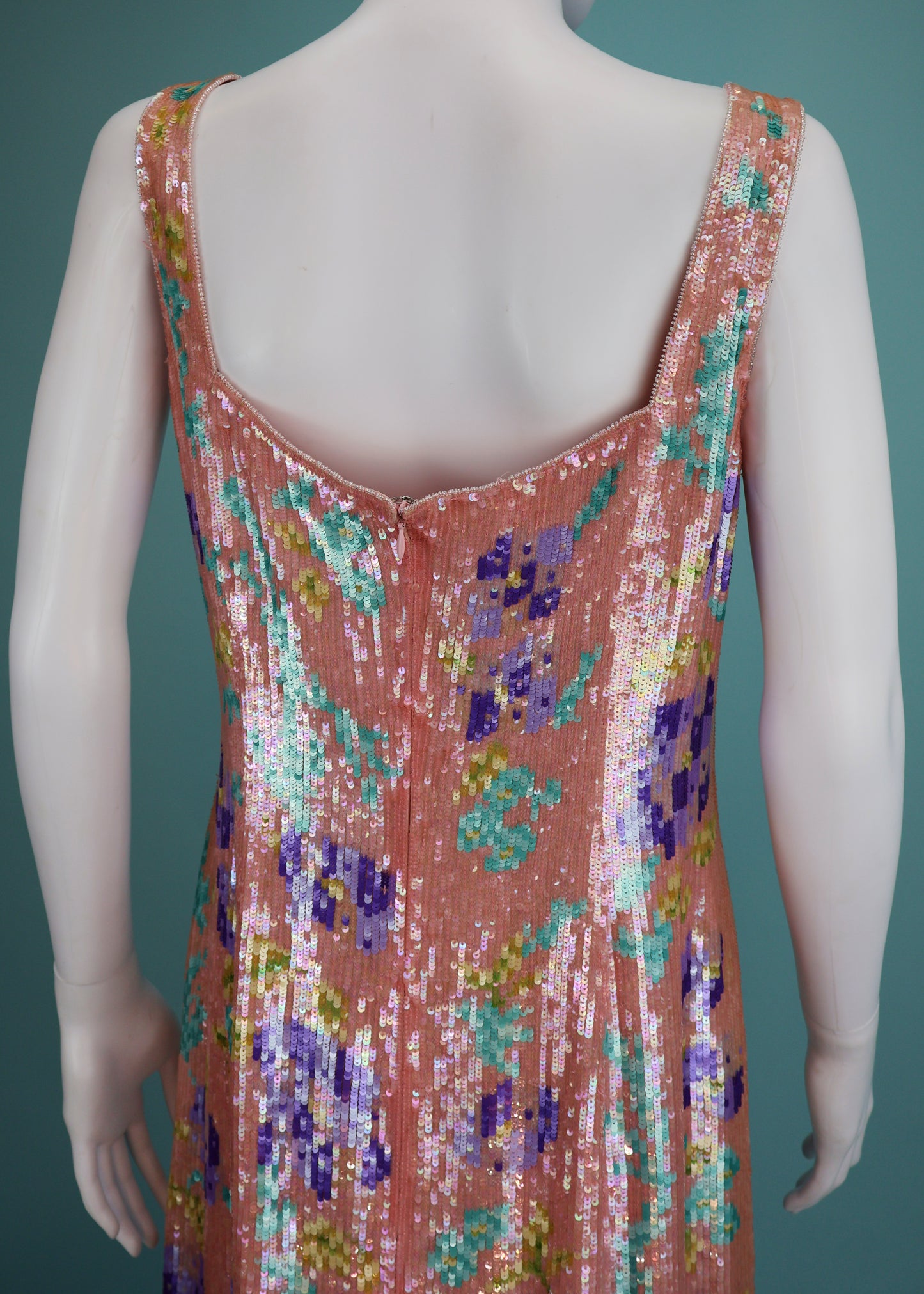 Escada Spring 2001 Runway Floral Sequin & Bead Embellished Silk Dress