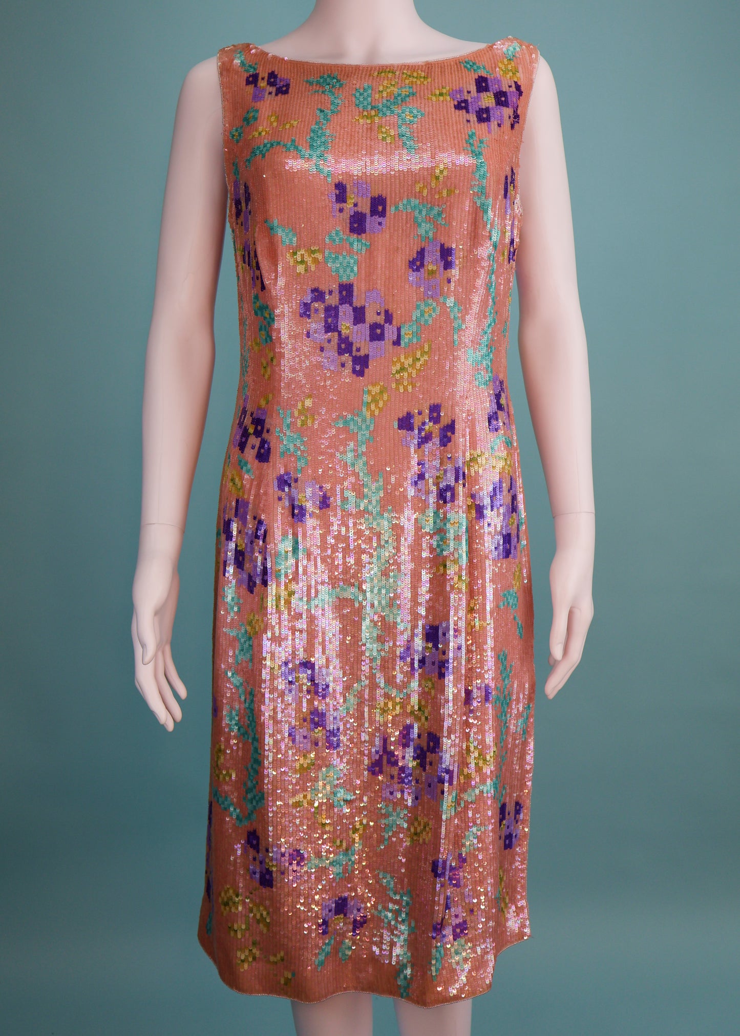 Escada Spring 2001 Runway Floral Sequin & Bead Embellished Silk Dress