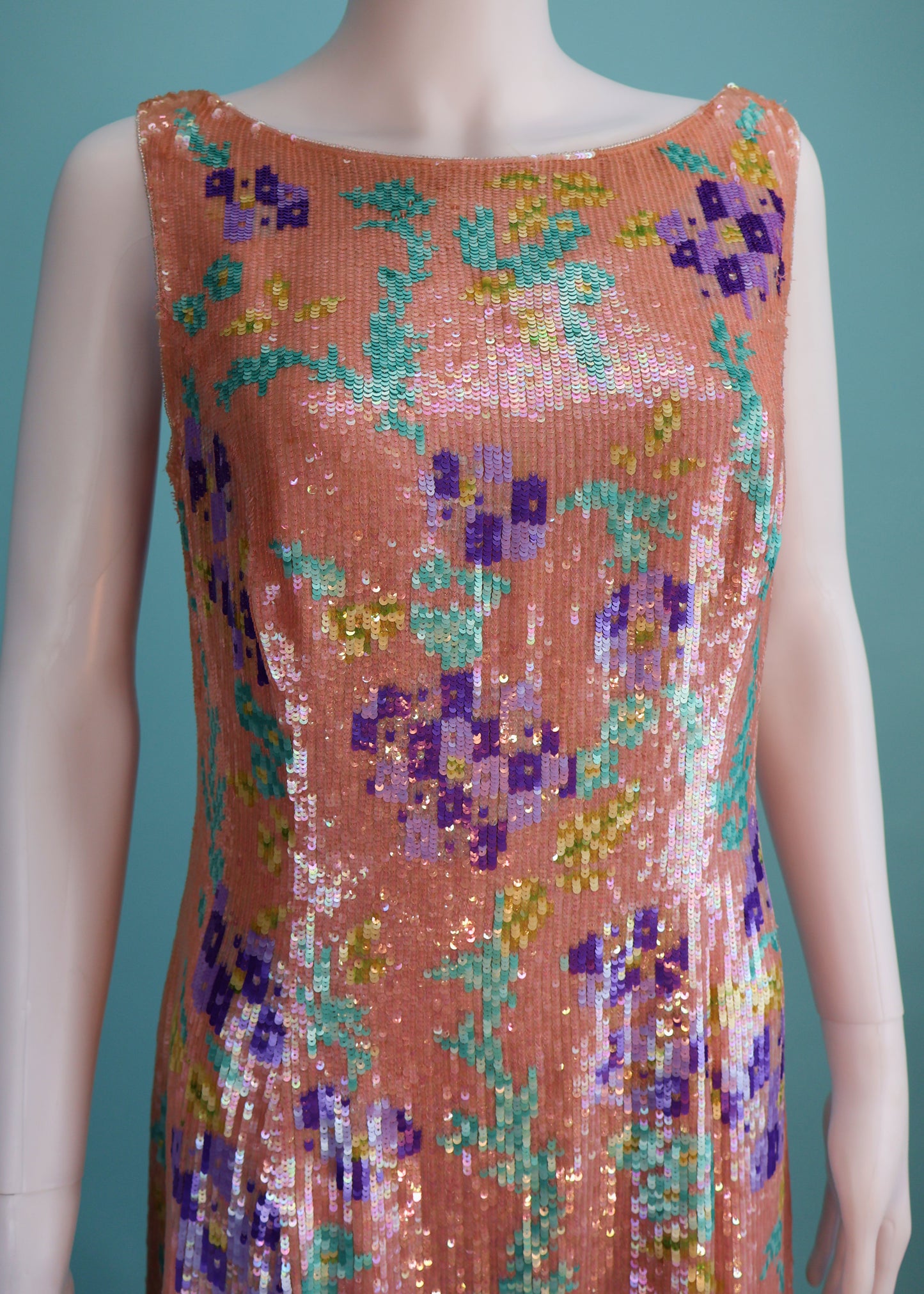 Escada Spring 2001 Runway Floral Sequin & Bead Embellished Silk Dress