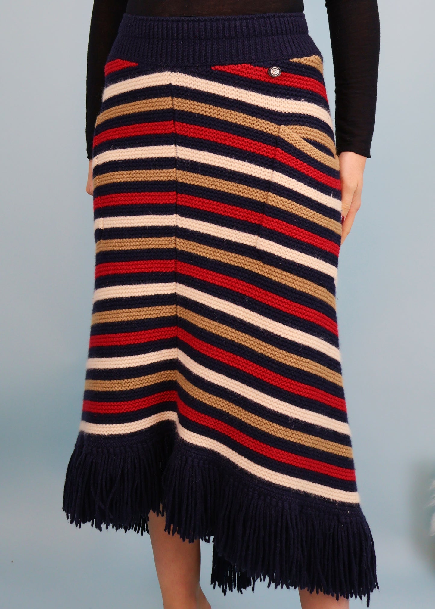 Chanel Pre-Fall 2014 Runway Navy, Red & Tan Stripe Knit Fringed Skirt