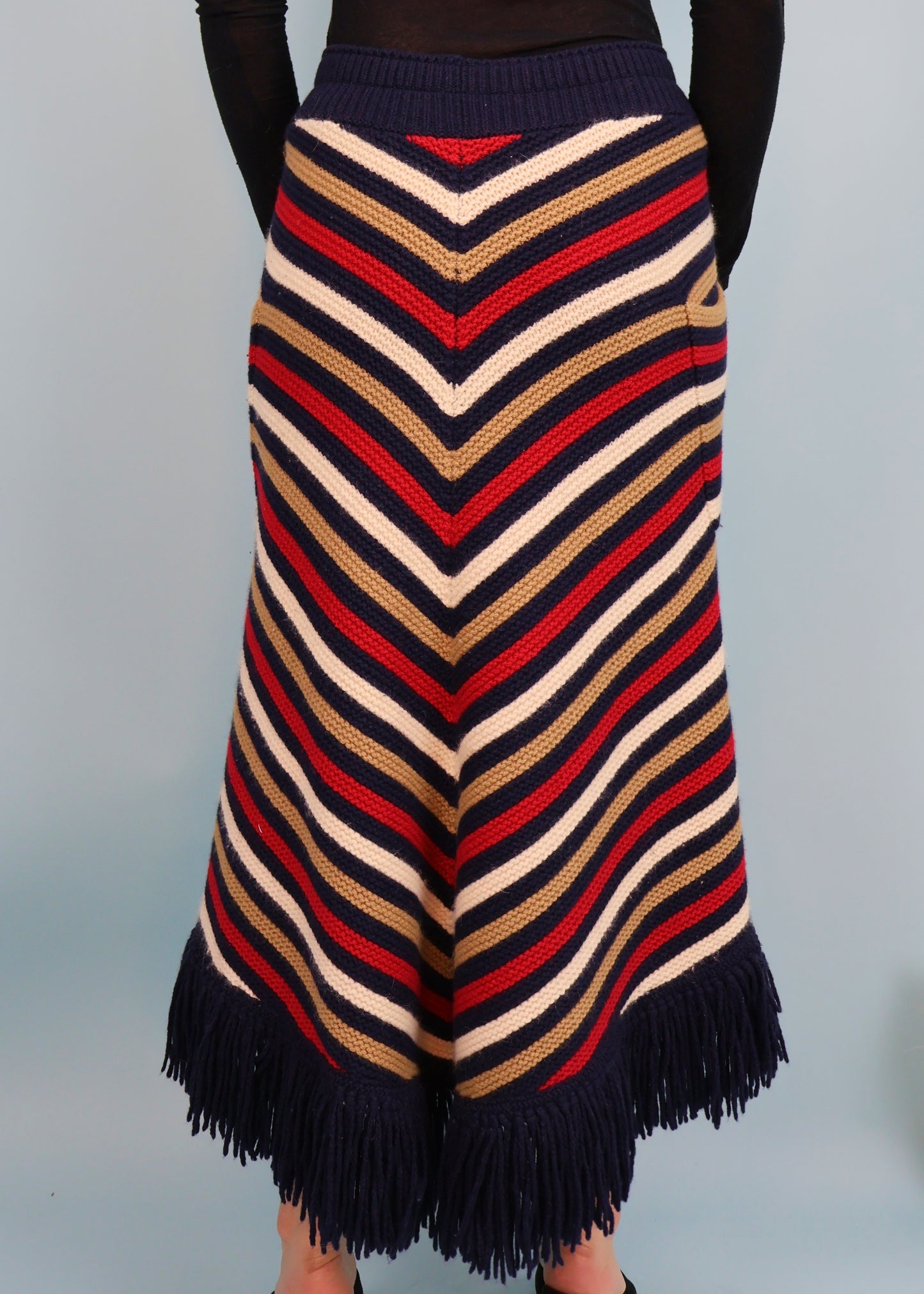 Chanel Pre-Fall 2014 Runway Navy, Red & Tan Stripe Knit Fringed Skirt