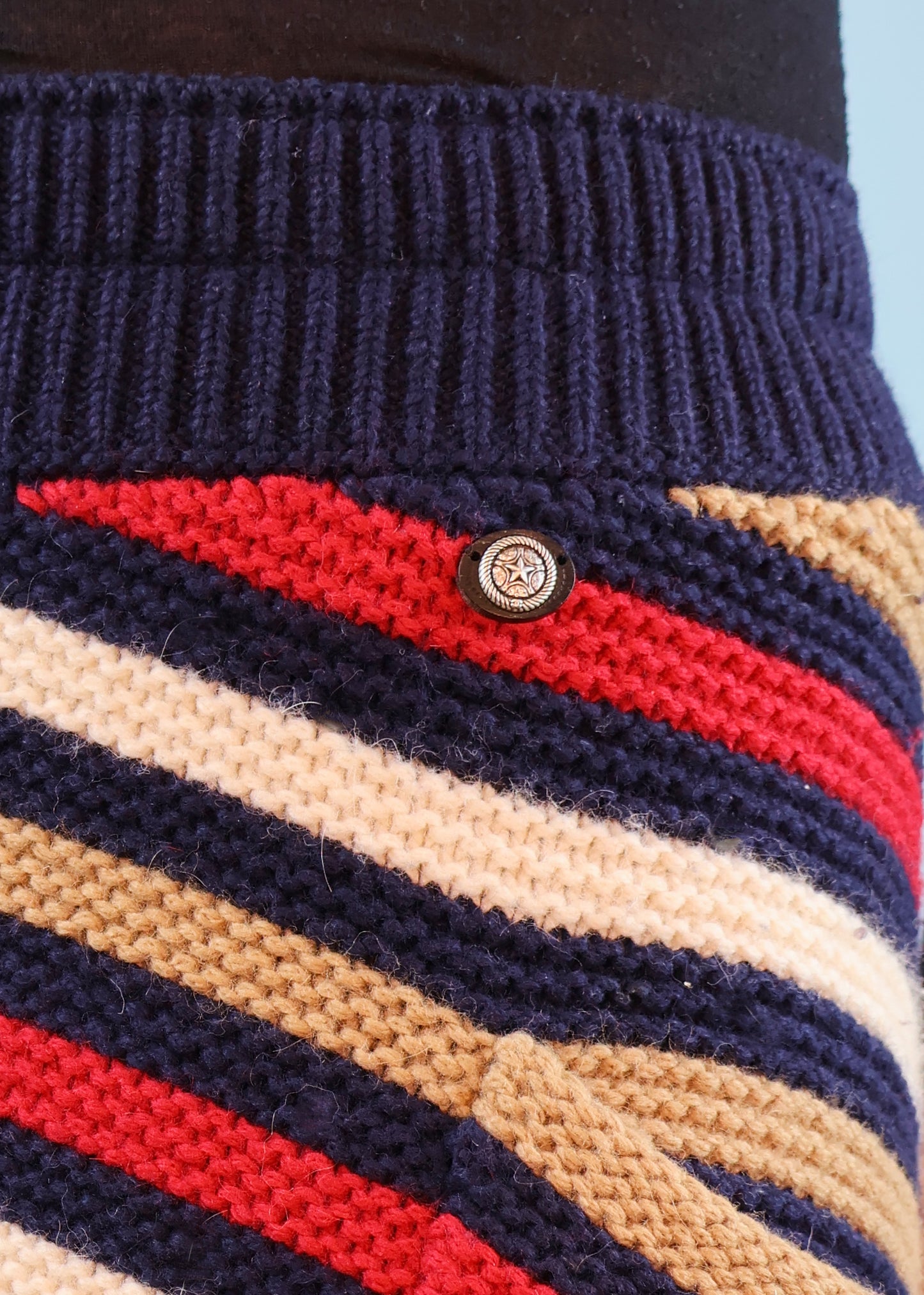 Chanel Pre-Fall 2014 Runway Navy, Red & Tan Stripe Knit Fringed Skirt
