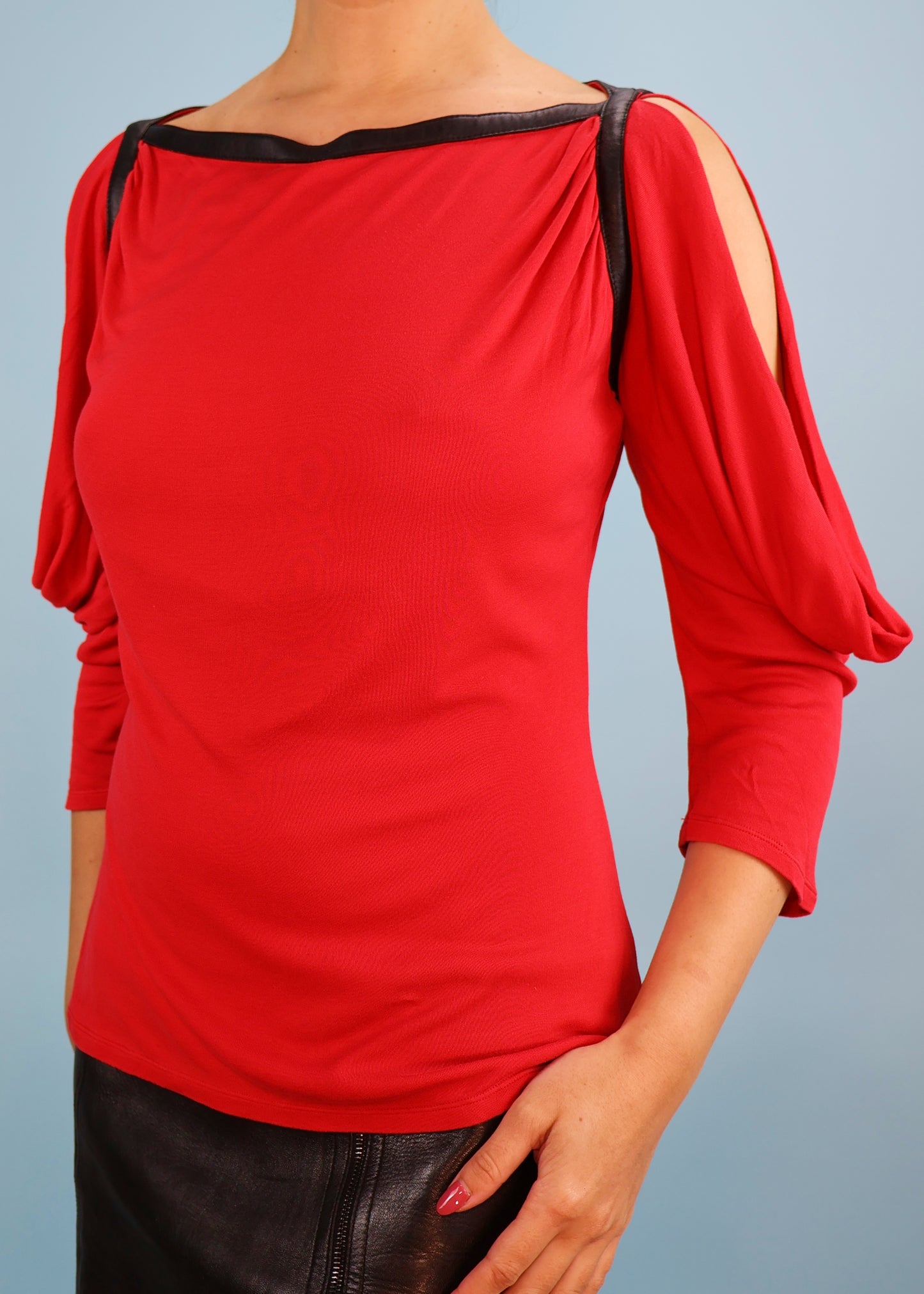 Alexander McQueen Fall 2003 Red Open Sleeve Leather Trim Top