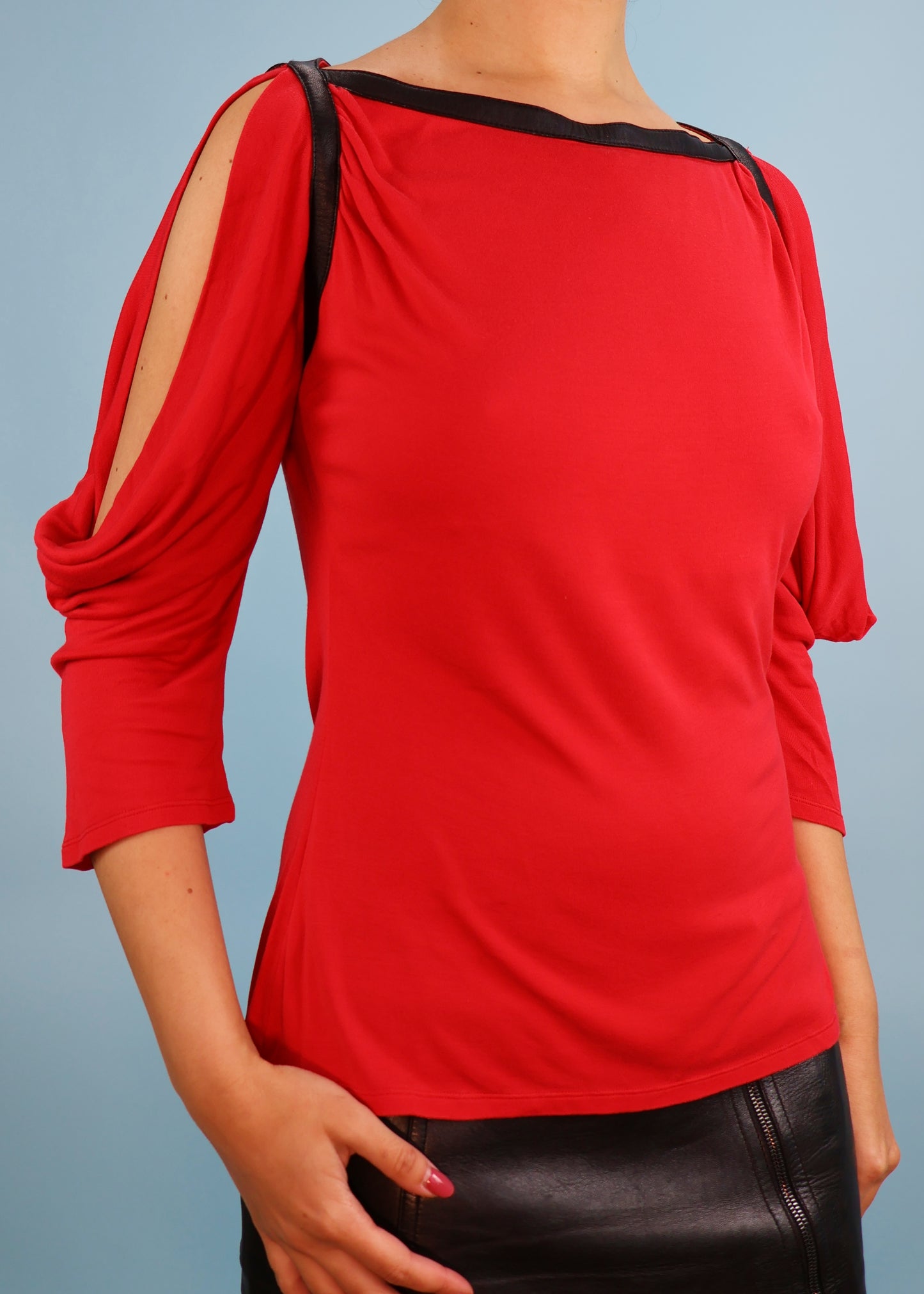 Alexander McQueen Fall 2003 Red Open Sleeve Leather Trim Top