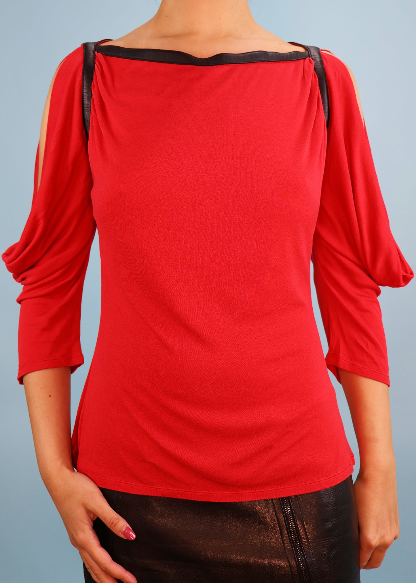 Alexander McQueen Fall 2003 Red Open Sleeve Leather Trim Top