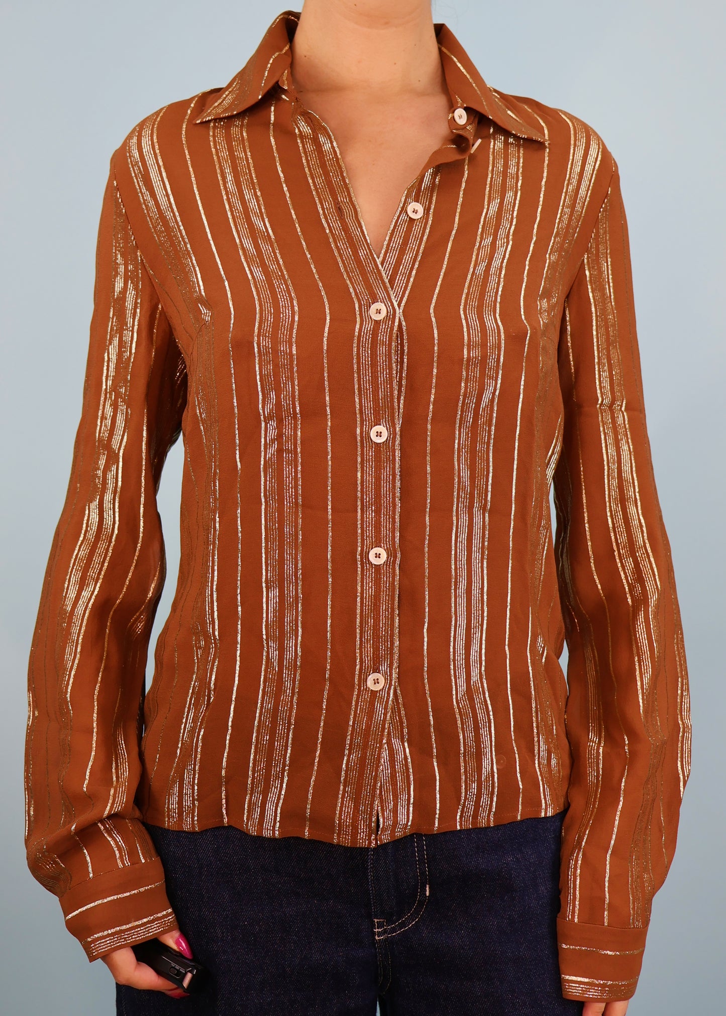 Celine Spring 2003 Brown & Metallic Gold Striped Silk Shirt