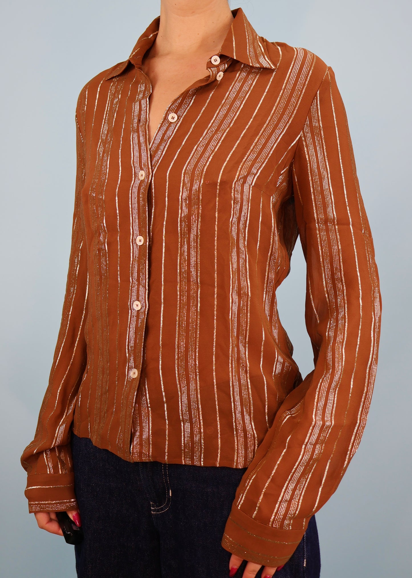 Celine Spring 2003 Brown & Metallic Gold Striped Silk Shirt