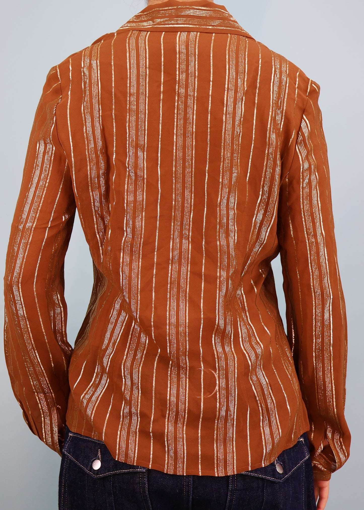 Celine Spring 2003 Brown & Metallic Gold Striped Silk Shirt