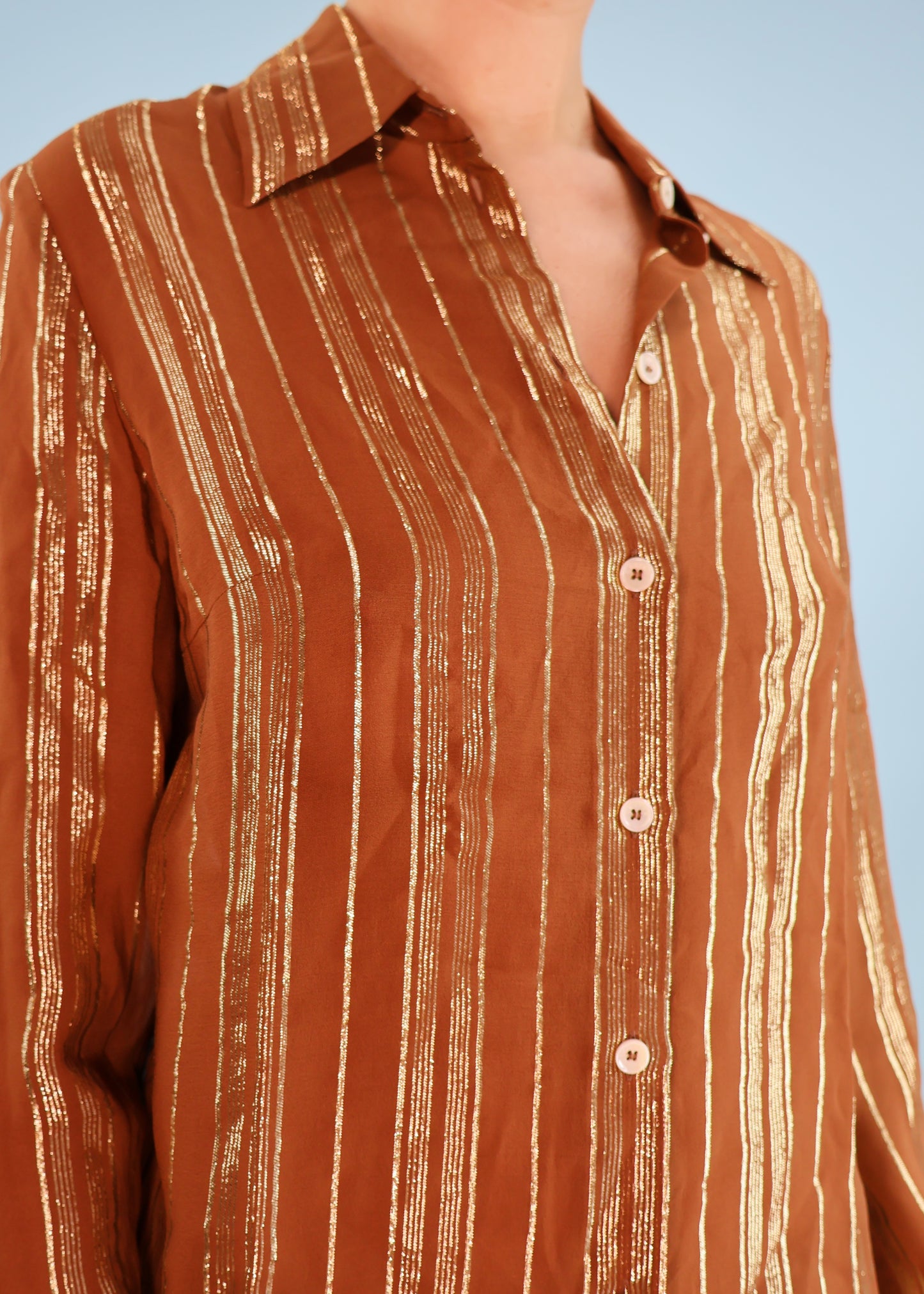 Celine Spring 2003 Brown & Metallic Gold Striped Silk Shirt