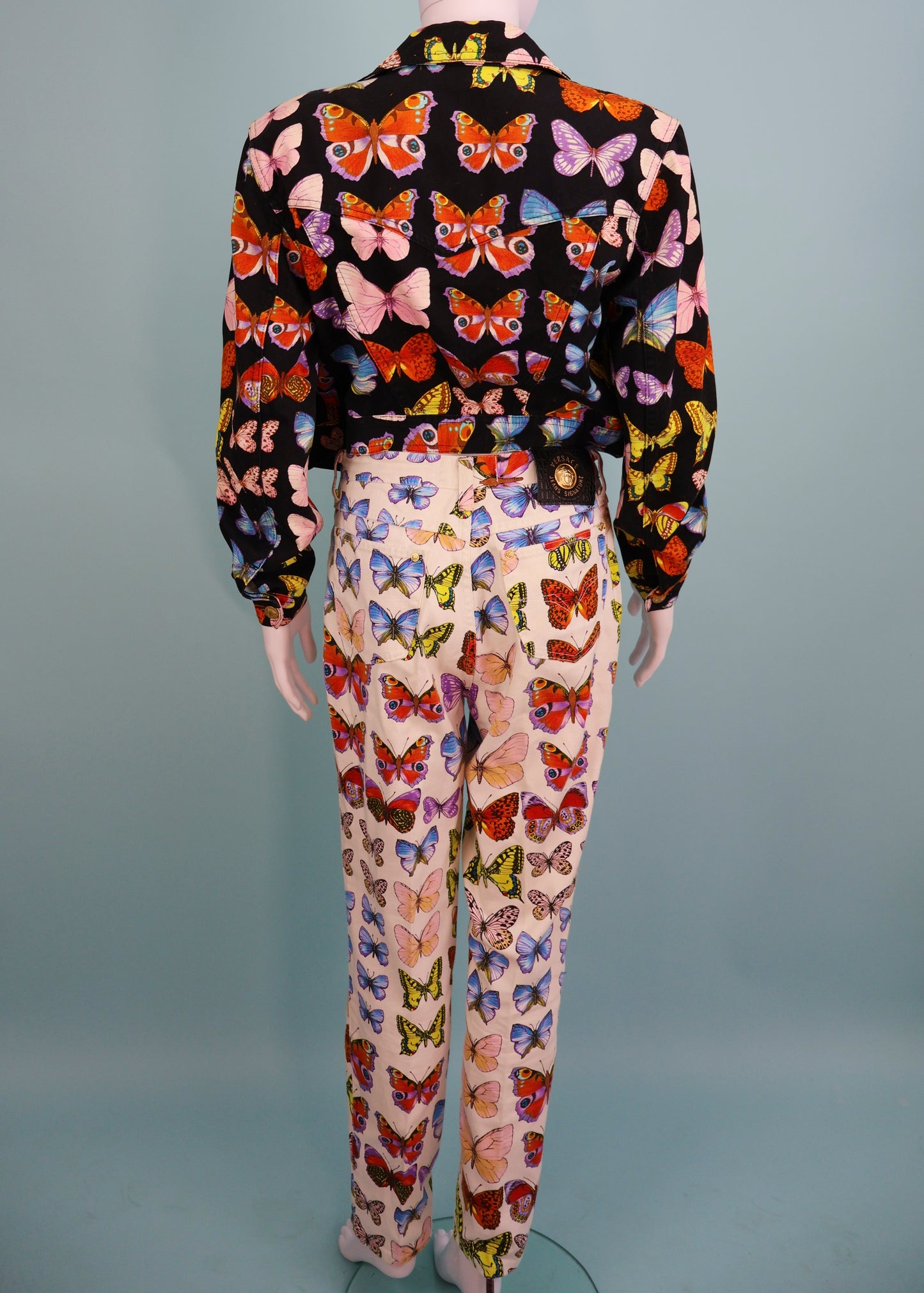 Versace Spring 1995 Butterfly Print Denim Jacket & Jeans Set