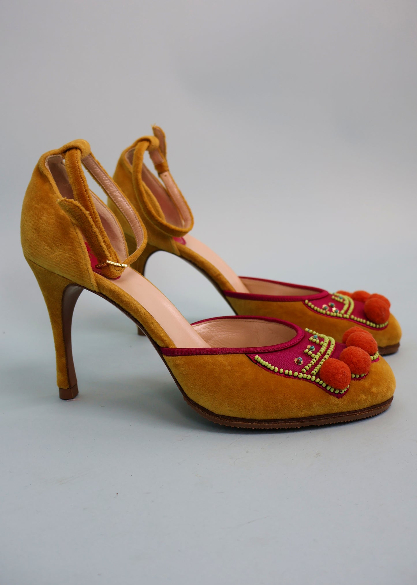 Dior Fall 2002 Runway Pink & Yellow Velvet Pom Pom Heels