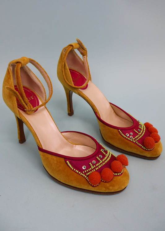 Dior Fall 2002 Runway Pink & Yellow Velvet Pom Pom Heels
